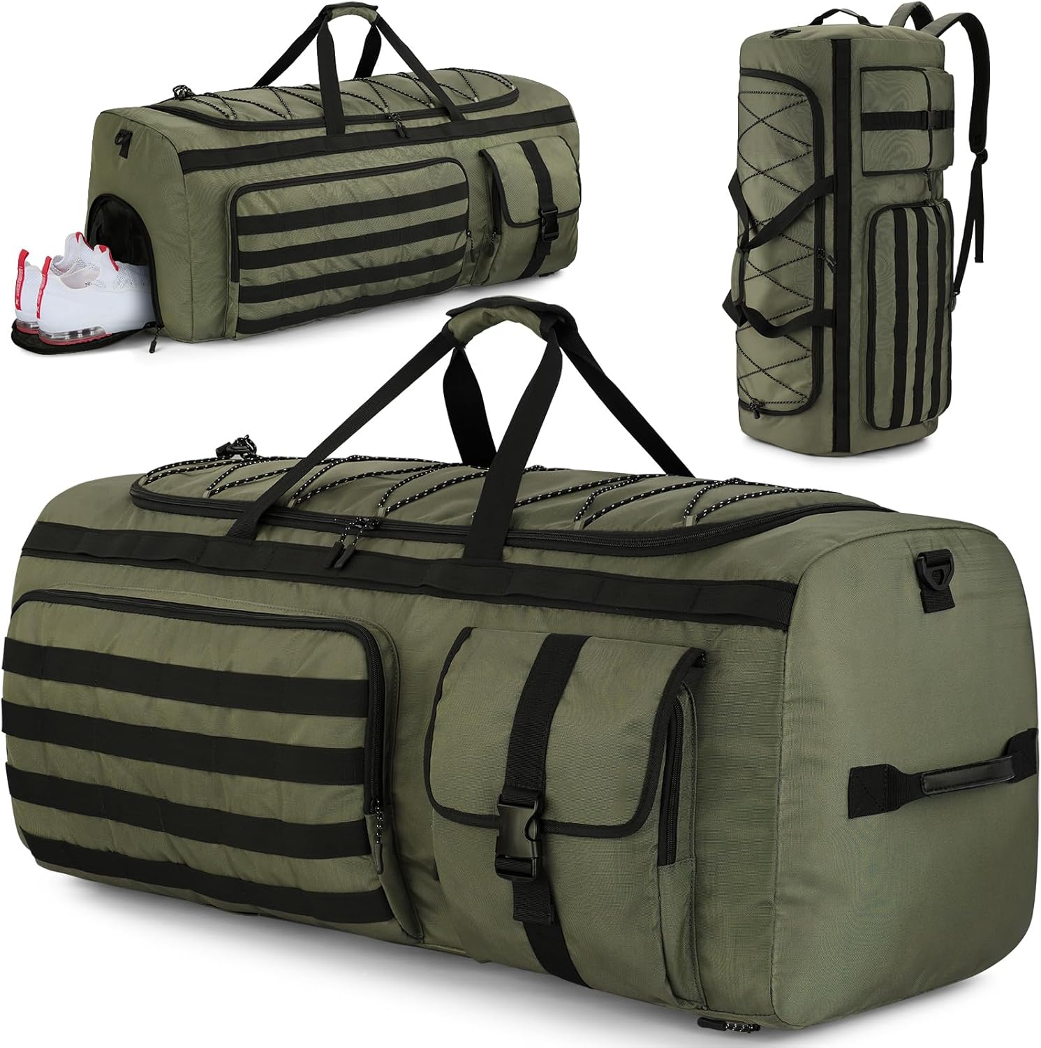 Gonex 130L Extra Large Duffel Bag for Men, Heavy Duty 3 in 1 Convertible Carry Travel Duffle, with Shoe Compartment, Tactical Loops, Sports Gear Bag for Family Trips (Army Green) - Image 8