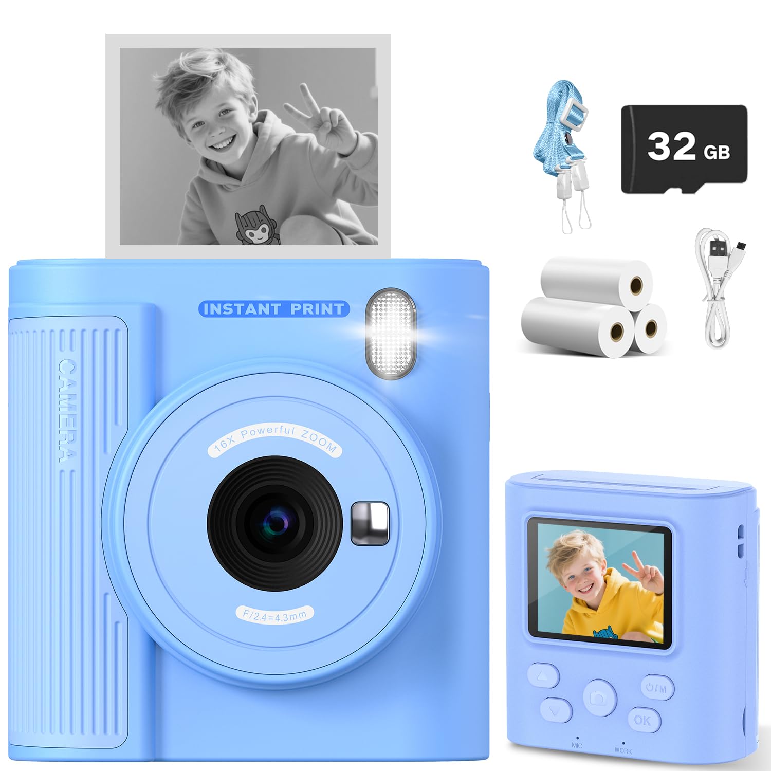 Kids Camera Instant Print for 3-12 Year Olds, HD Digital Instant Print Camera for Boys & Girls, Ideal Christmas Birthday Gift with 32GB SD Card, Easy