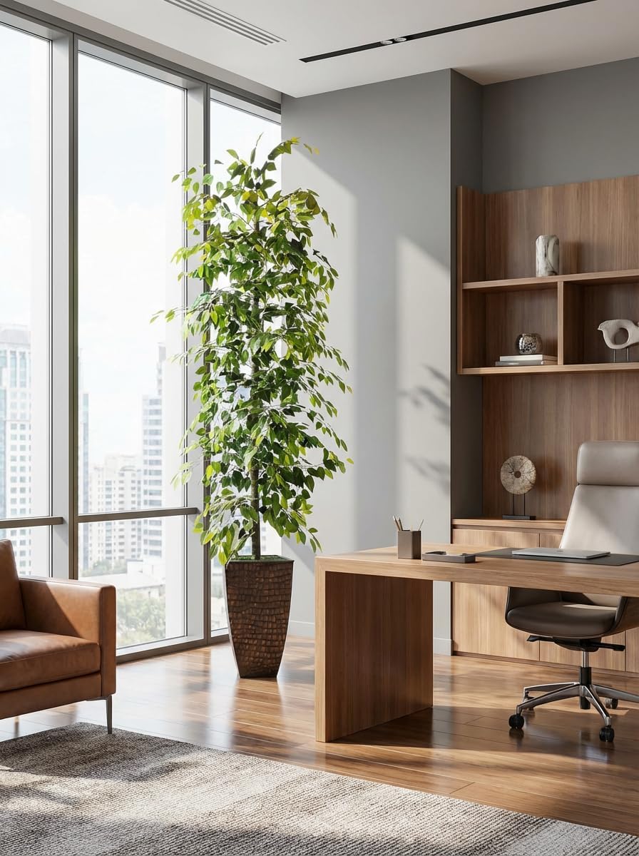 LCG Florals 8ft Artificial Ficus Tree in Copper Metal Pot - Real Wood Trunk, No Maintenance Indoor Faux Plant - Living Room, Home & Office Decor