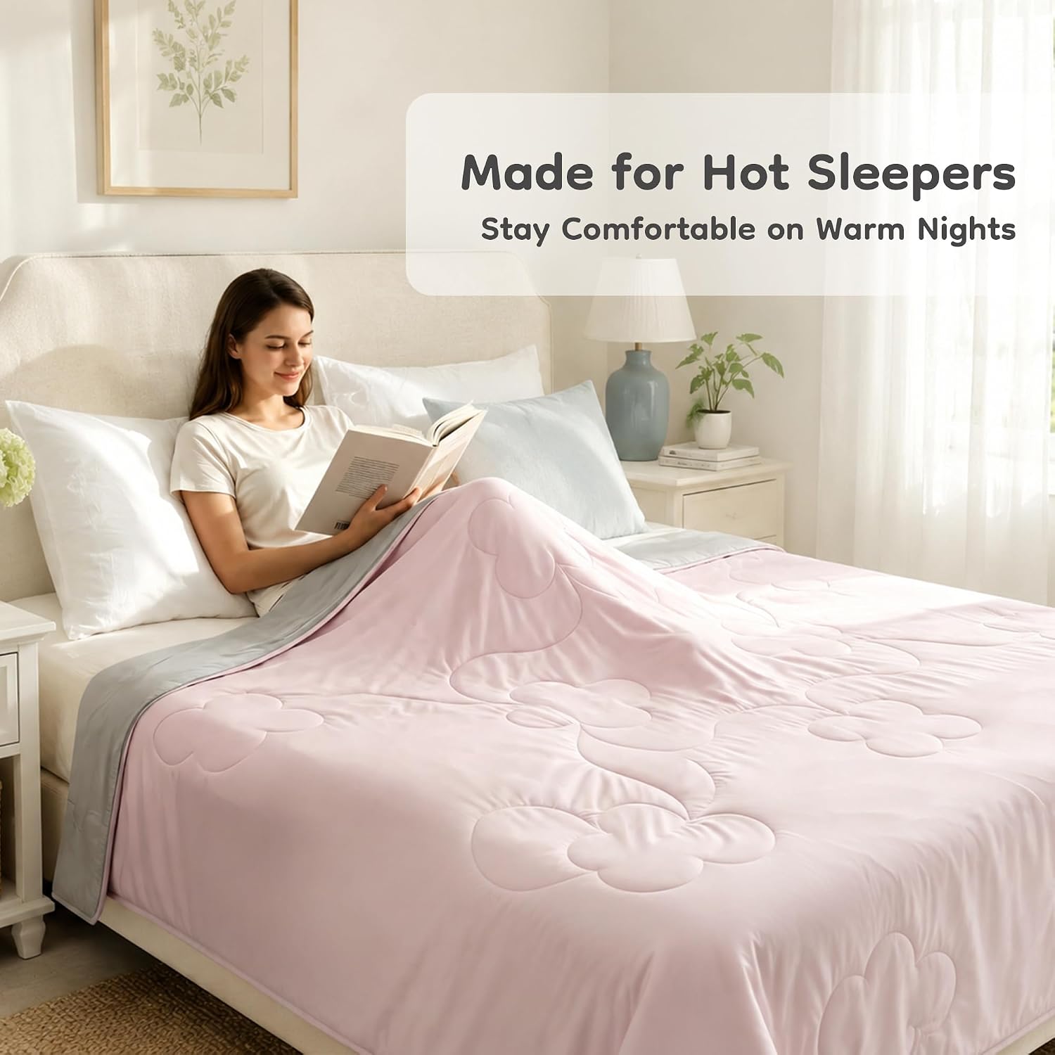 LaffyLo Cooling Blanket for Hot Sleepers, Lightweight Summer Quilt with Breathable Reversible Fabric for Bed, Couch, Dorm and Travel, Machine Washable, Queen Size 90"x90", Ice Pink & Light Grey