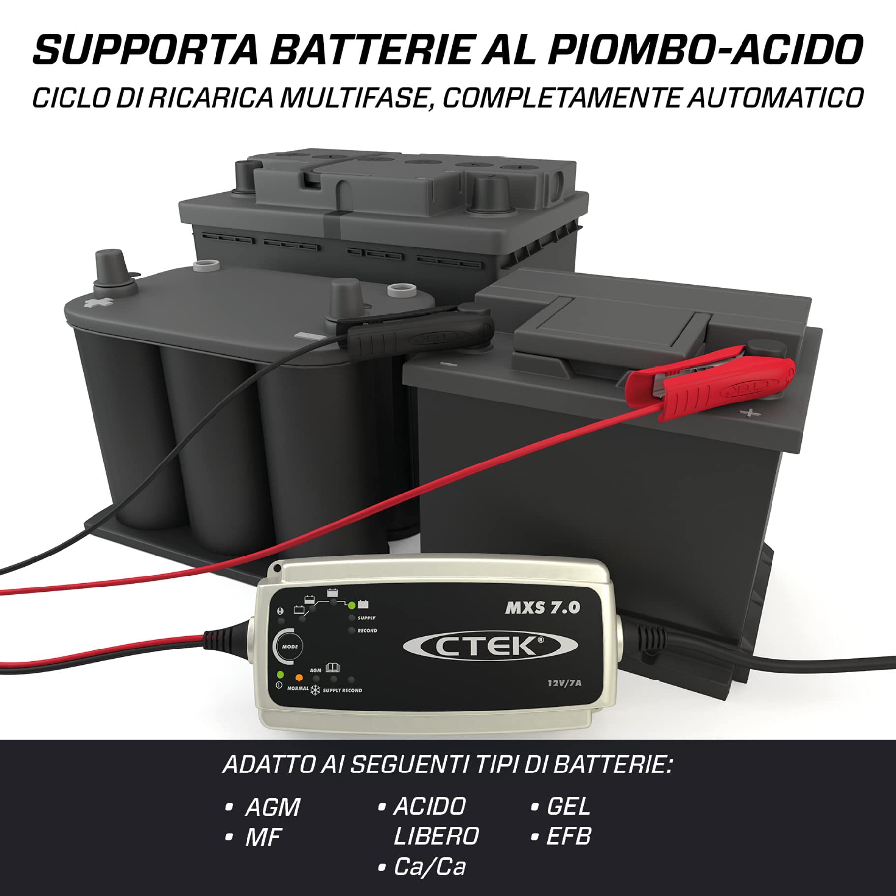 CTEK MXS 7.0 Caricabatterie 12V 7A per Batterie di Veicoli più Grandi, Caricabatterie Auto, Roulotte, Barca E Caravan, Desolfatore con Funzione di Alimentazione E Opzione AGM Dedicata