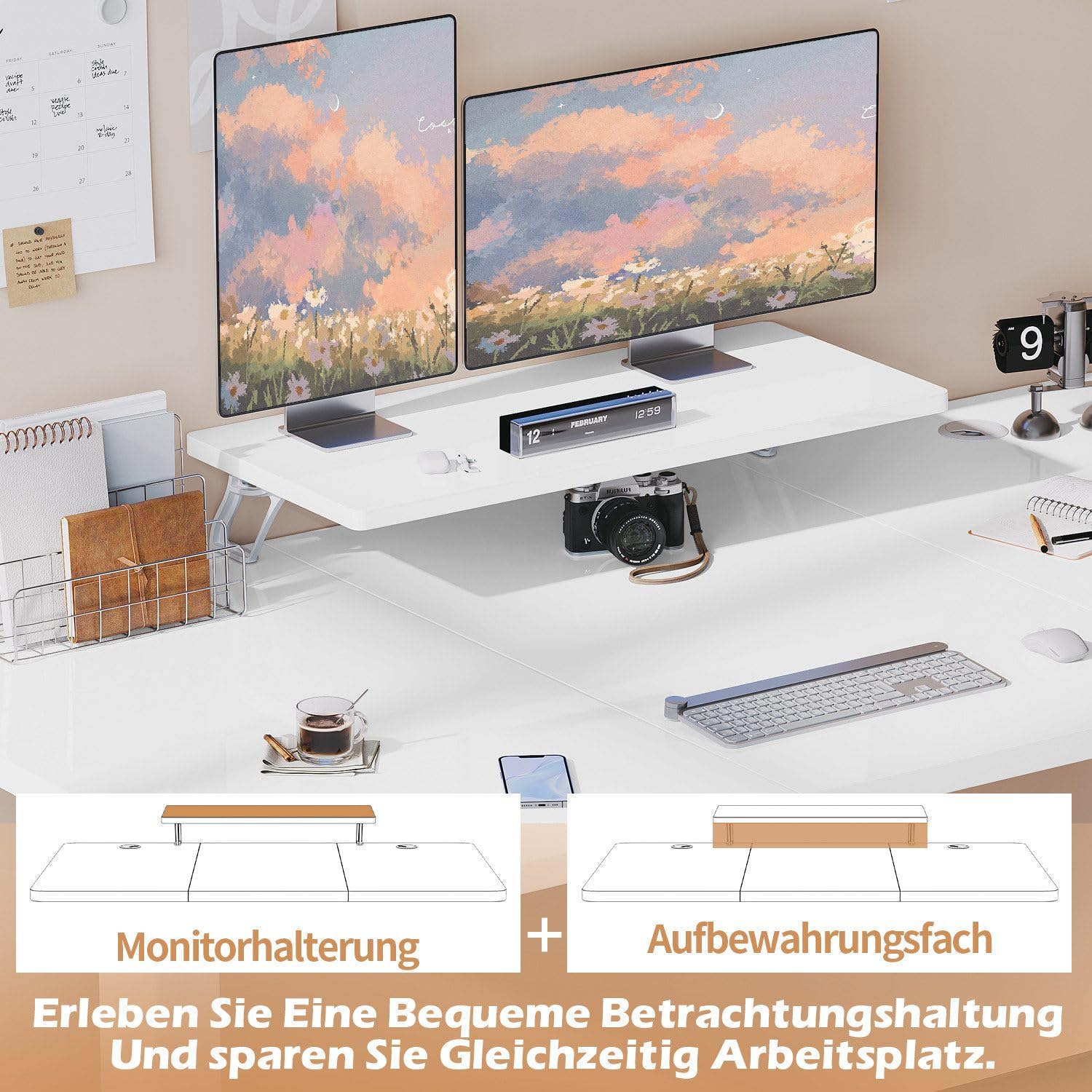 JUMMICO 120 x 60 cm Höhenverstellbarer Schreibtisch mit Monitorständer, Schreibtisch Höhenverstellbar Elektrisch mit Flexiblem Regal, Steh-Sitz Tisch, Bürotisch Stehschreibtisch, Weiß