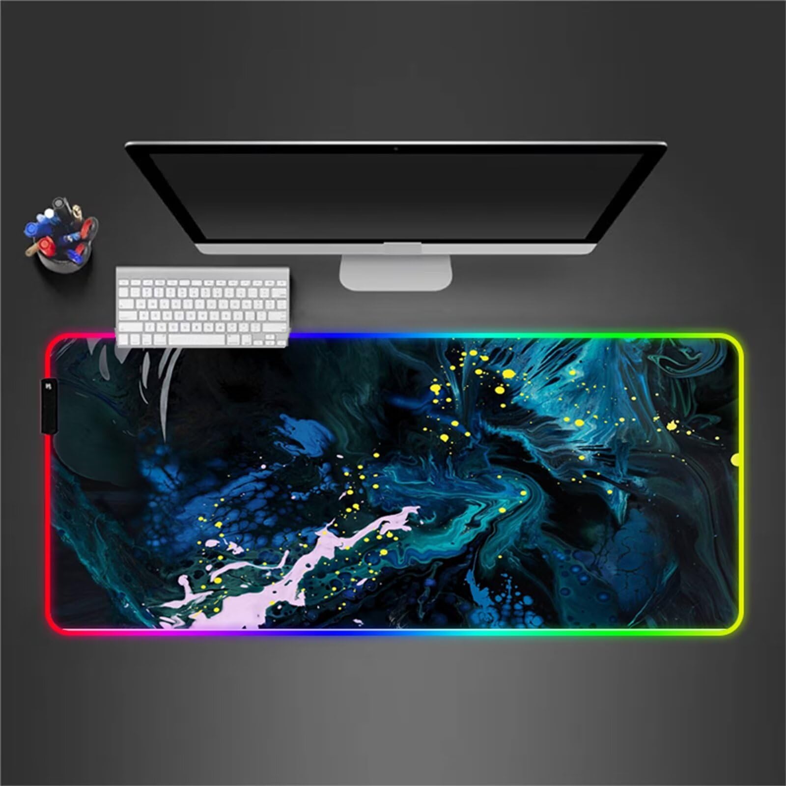 Tappetino per Mouse RGB Liquido Verde Grande Tappetino per Mouse da Gioco LED con 14 Modalità di Illuminazione Tappetino Antiscivolo per Laptop Ufficio e Scrivania 900x400x4mm