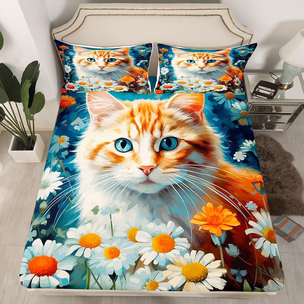Manfei Cute Cat Kids Fitted Sheet King Size, Watercolor Flower Kitty Bed Cover with 2 Pillowcases, Cartoon Animal Floral Theme Bedding Set for Boys Girls Room Decor, Soft Polyester Bedding