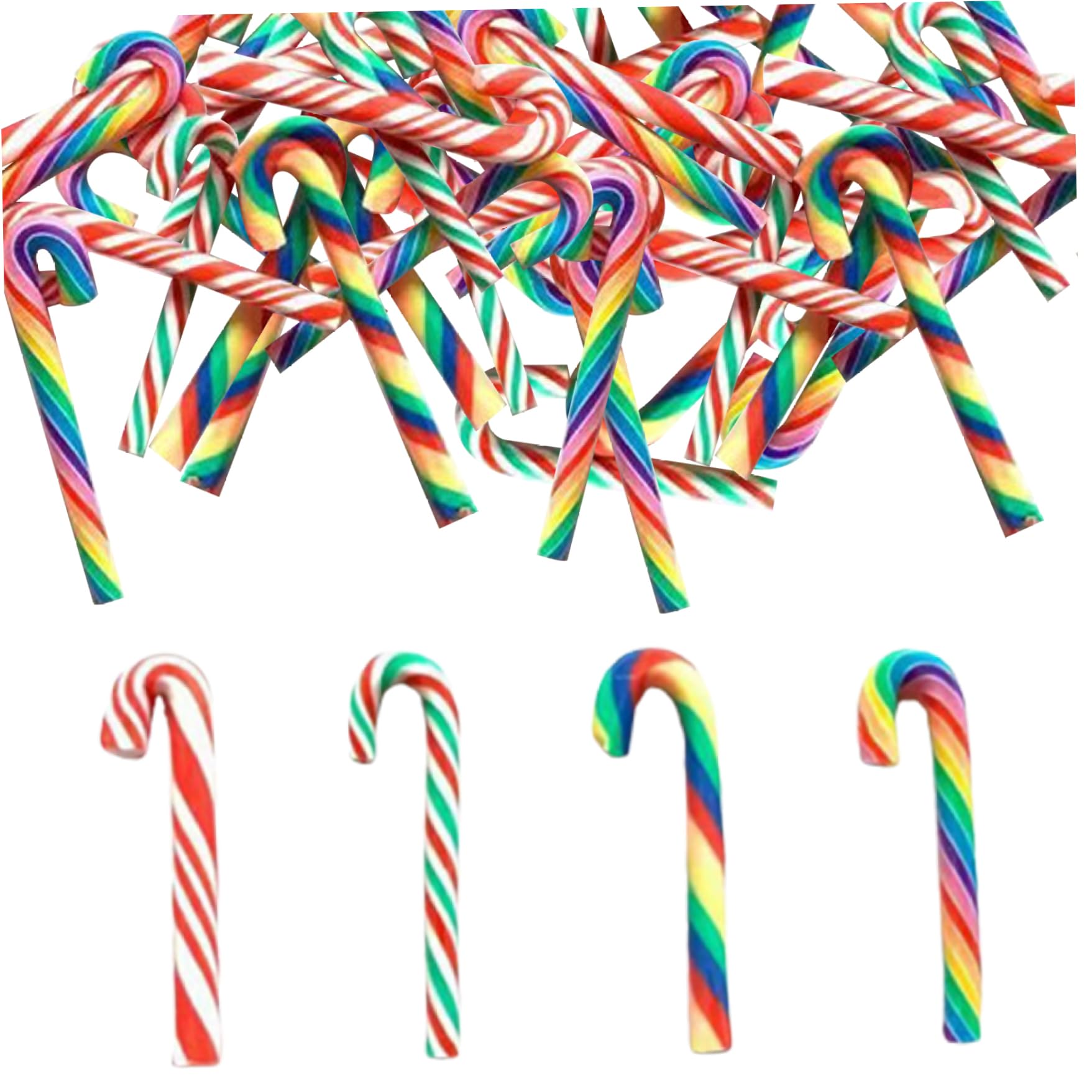 Christmas Mini Candy Canes 60PCS Rainbow Mini Candy Cane Christmas Decorations 4 Different Patterns Polymer Clay Fake Candy Cane Xmas Craft Supplies