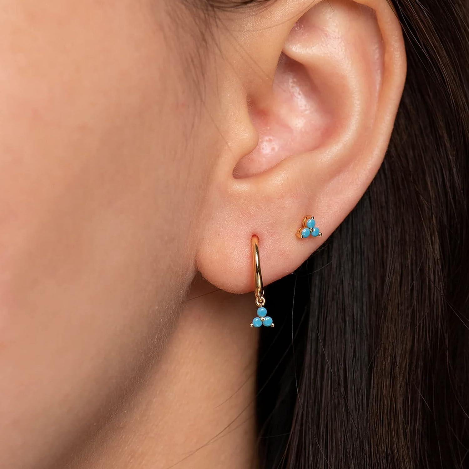 Sterling Silver 18 Gauge Threadless Push Pin Flat Back Labret Trinity Turquoise Stud Earring Nickel Free Lead Free Handcrafted In USA (Two 8mm Studs Rhodium Plated)