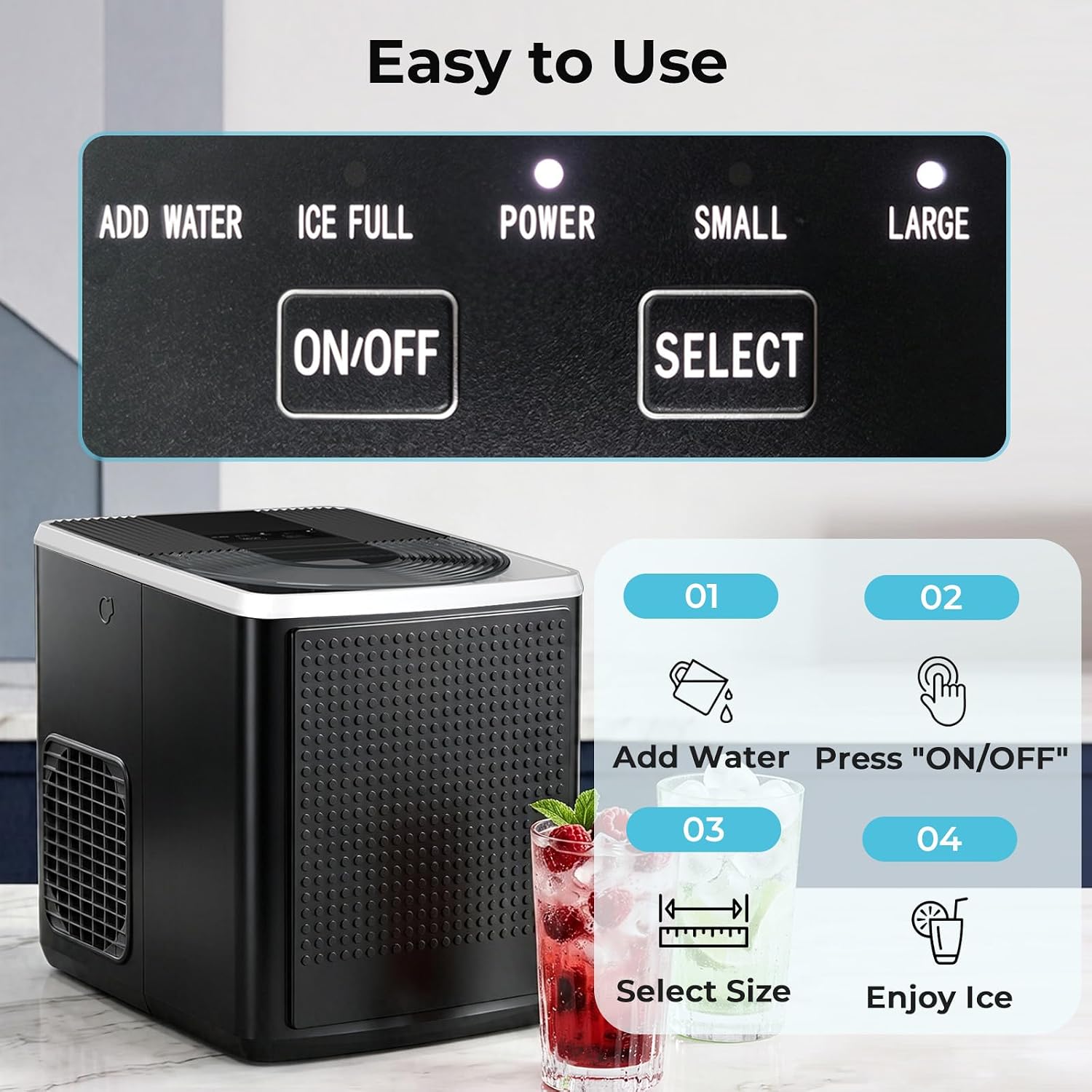 Ice Maker Countertop, 9 Bullet Ice in 6mins, 27lbs/24H, 2 Ice Sizes, Black | DIY Design, Self-Cleaning, 1.5L water tank, 1.1lbs ice basket, Compact Portable Ice Machine for Home/RV image 5