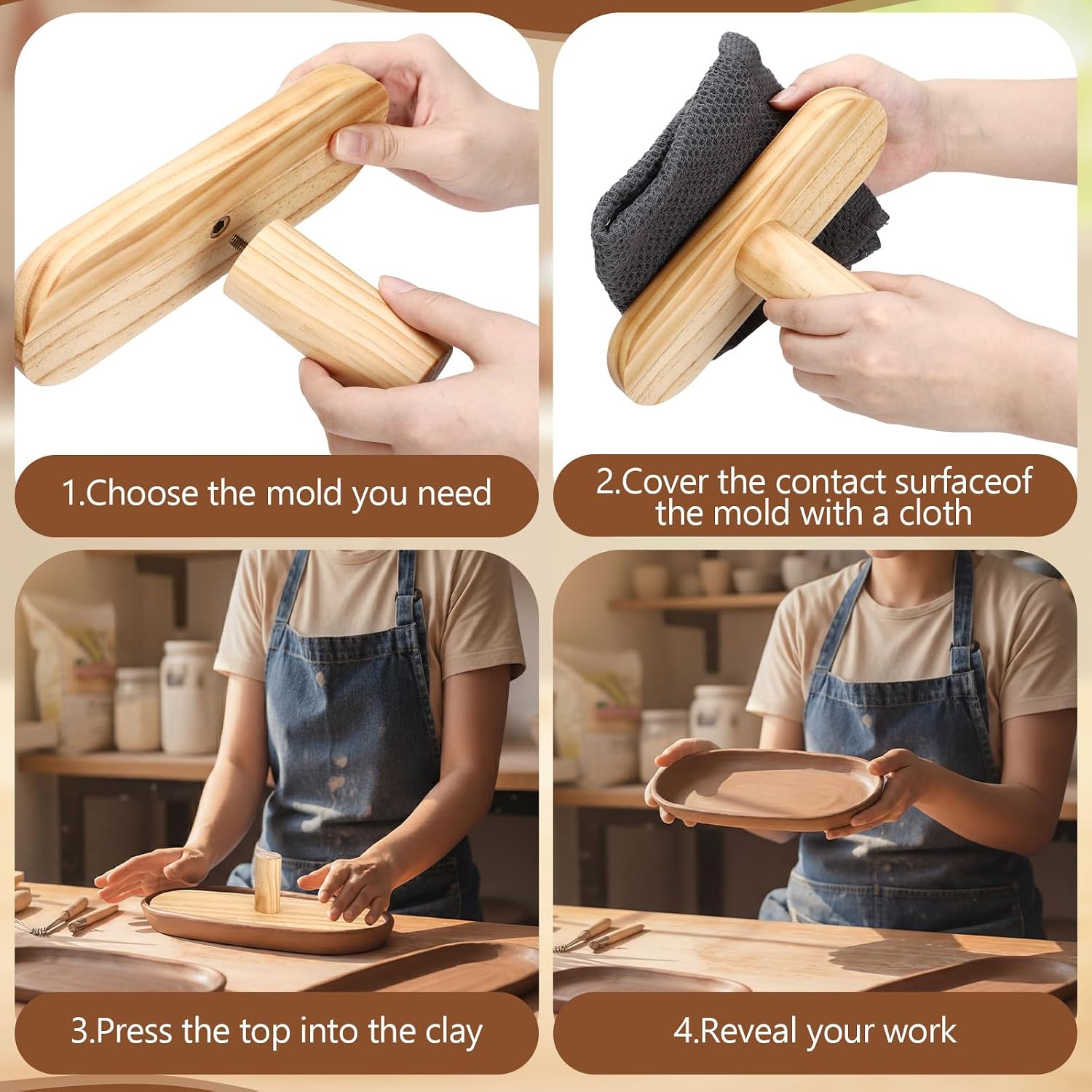 DoubleFill 6 Pack Pottery Molds 12" 11" 10" 9" 8" 7" Thickness 1" Plaster Molds Wood Pottery Tools with Handle for Ceramic Top Forms DIY Bowls Plate Dish Slump Press Art Making (Ellipse)