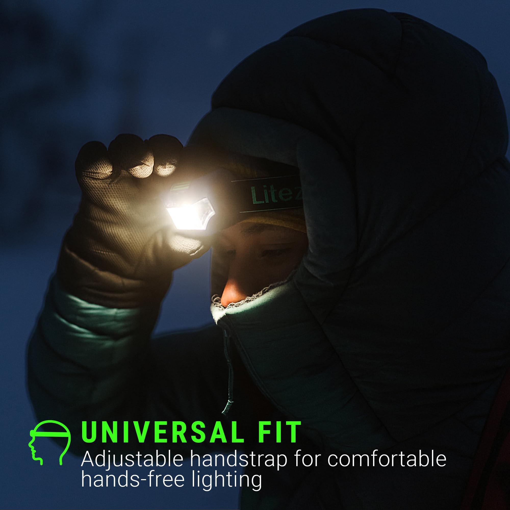 LitezAll Quattro LED-Stirnlampe mit 4 Modi, wiederaufladbar, freihändige Beleuchtung für Camping & Wandern, 2 Stück