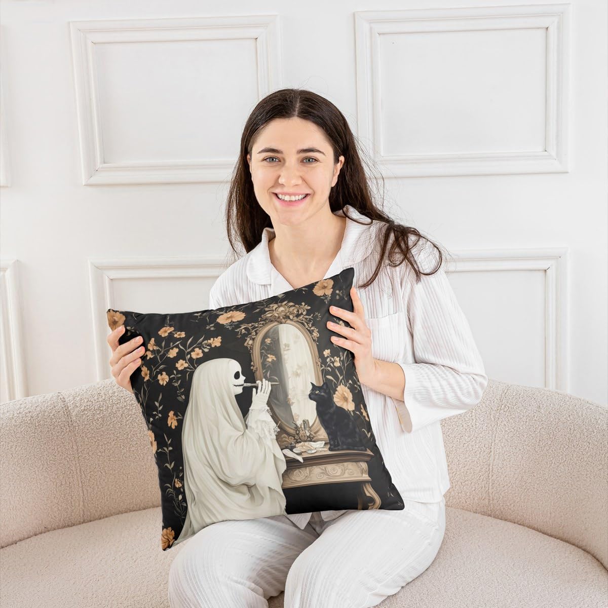 Manfei Halloween Ghost Cat Pillow Covers Kids Girls Boys,Vintage European Floral Square Cushion Cases,Funny Ghost Throw Pillow Covers for Living Room Decor,18"x 18",Pack of 4 Black White image 3