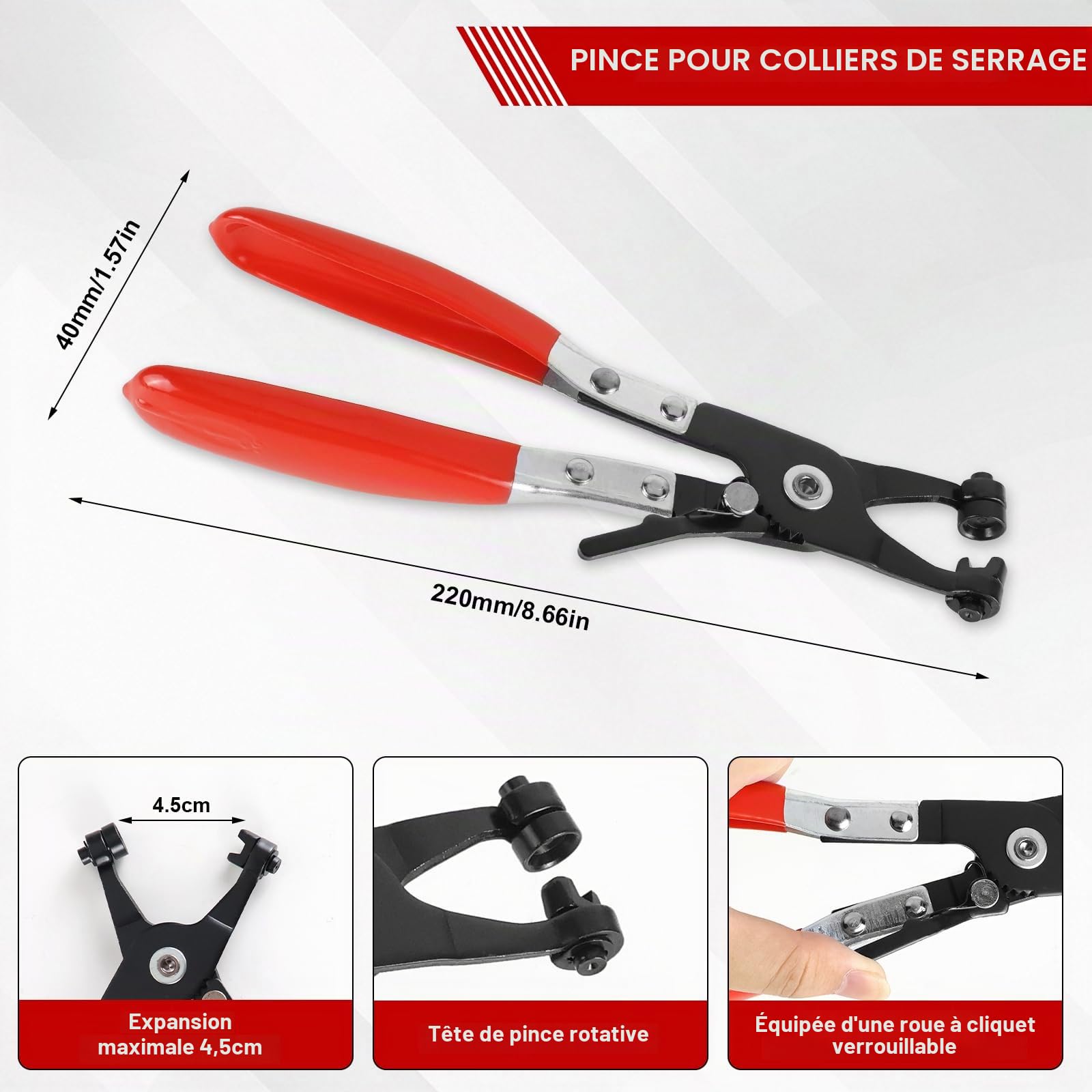 Pince pour colliers de serrage de tuyau - Pince à collier de serrage pour voiture - Avec col droit - Pince de retrait - Outil d'installation