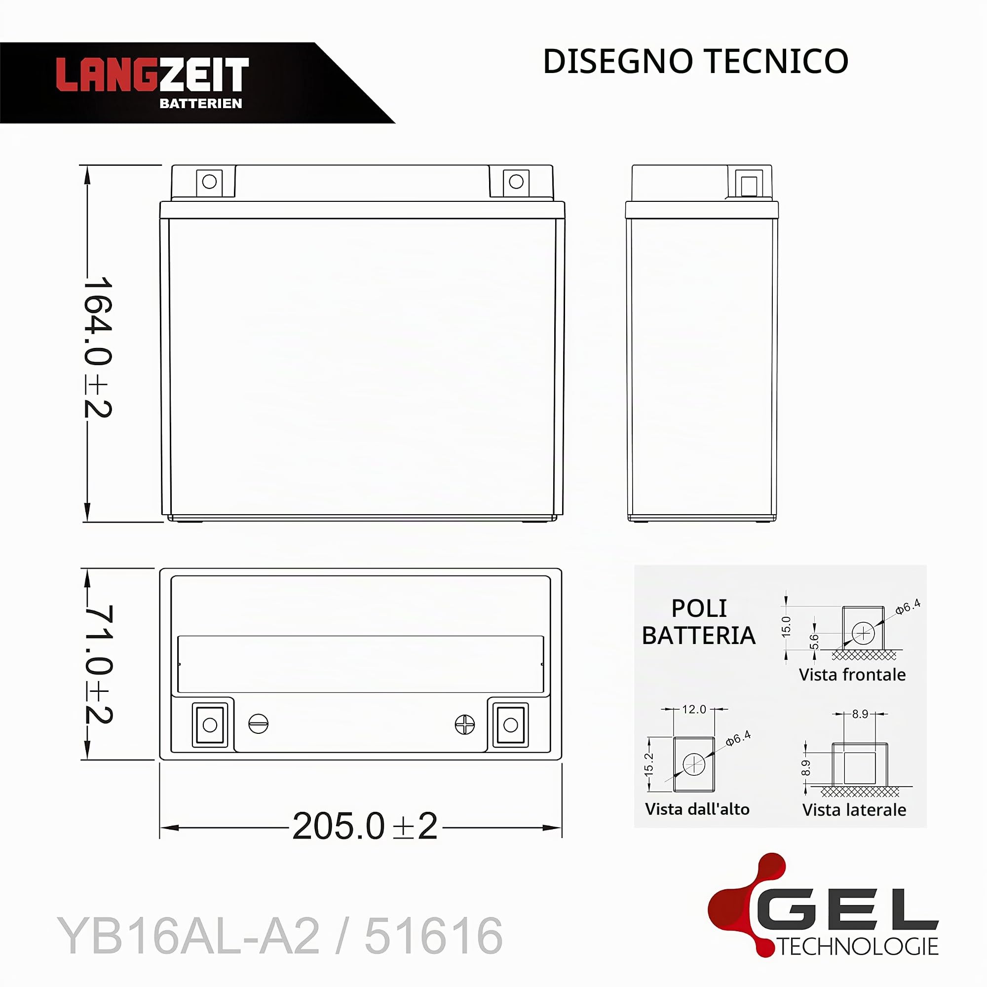 LANGZEIT YB16AL-A2 batteria moto 12V 16Ah GEL FB16AL-A2 51616 BB16AL-A2