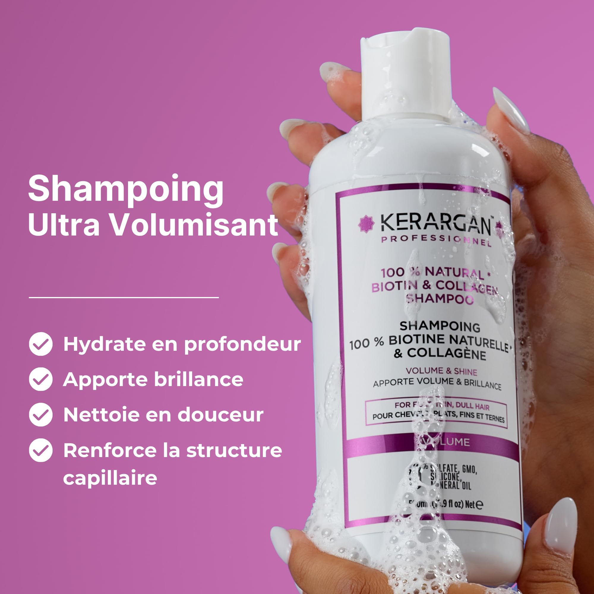 Kerargan - Shampoing Volumisant à la Biotine & Collagène - Pour Cheveux Plats, Fins, Ternes - Fortifiant, Brillant, Hydratant - Sans Sulfate, OGM, Silicone, Huile Minérale - 500ml