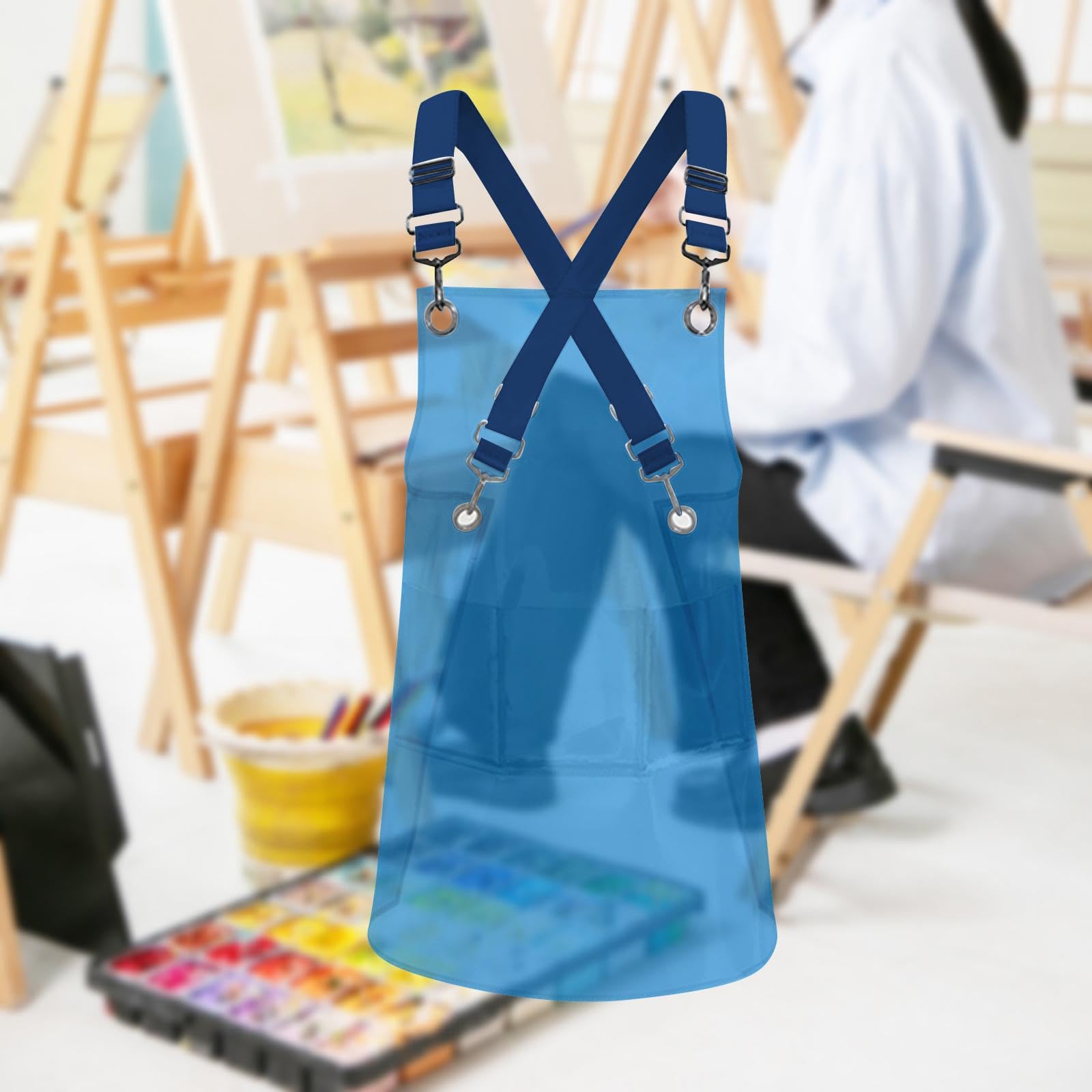 rockible Transparent Apron Waterproof TPU Aprons Unisex Adjustable Bib Cooking Kitchen Chefs Work Apron for Cosmetology Coffee Shop Painting Clear Hairdressing Aprons-Full Blue - Image 4