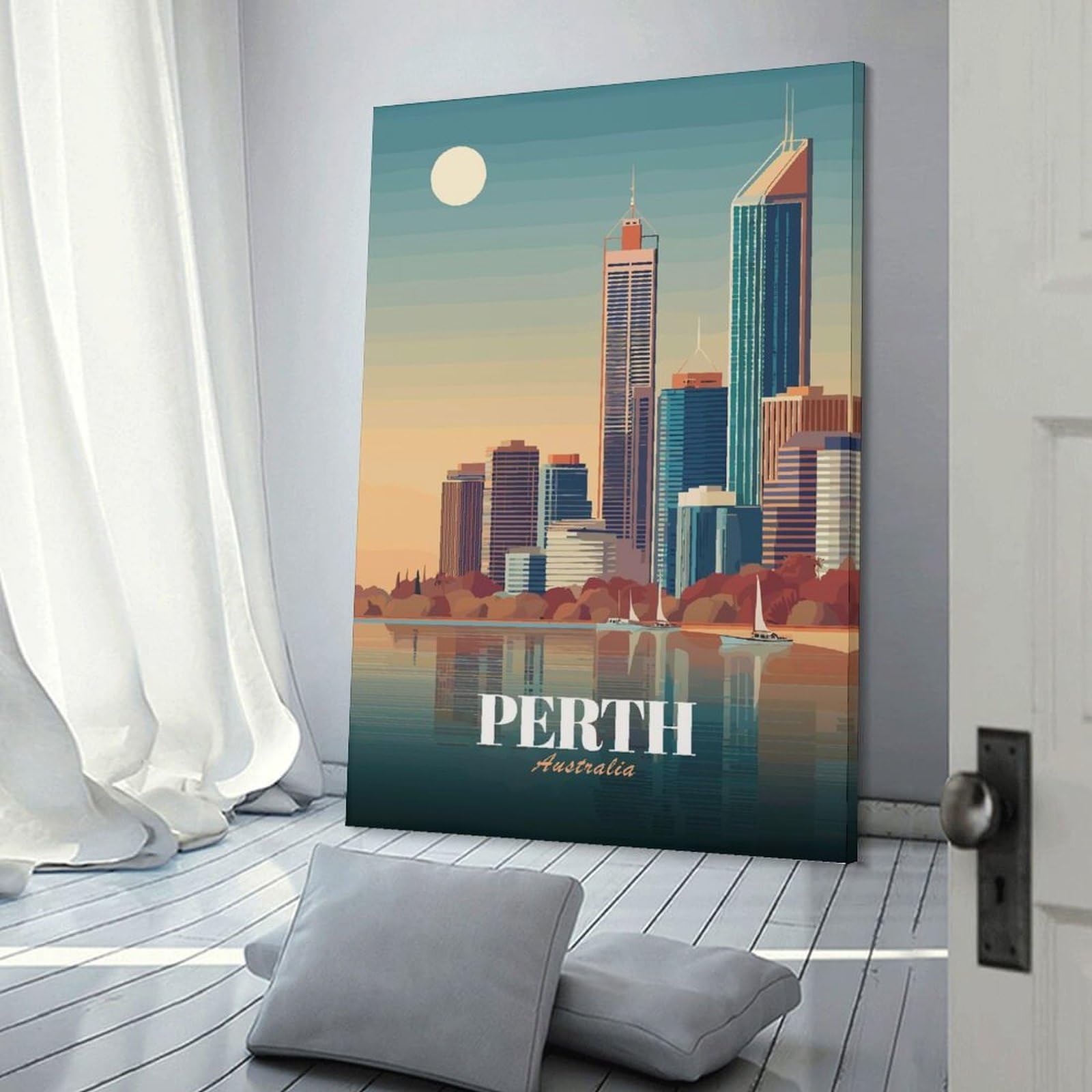 Junmoney Perth Australia Skyline Decorative Canvas Print, 24x36inch(60x90cm), for Gallery Wall Decor And Room Displays, Wall Decor Suited to Curated Displays
