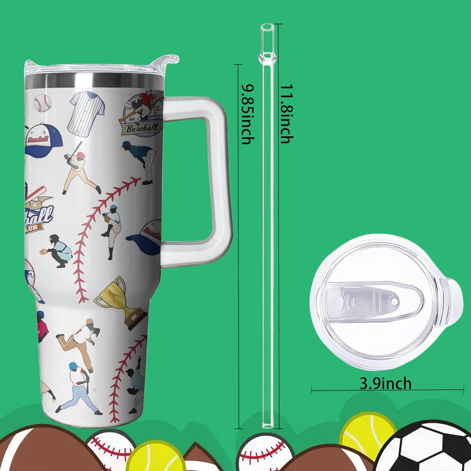 40oz Baseball Tumbler with Handle, Birthday Gift for Man, Sports Coach Insulated Stainless Steel Cup with Lid and Straws, Reusable Travel Coffee Mug Water Bottle