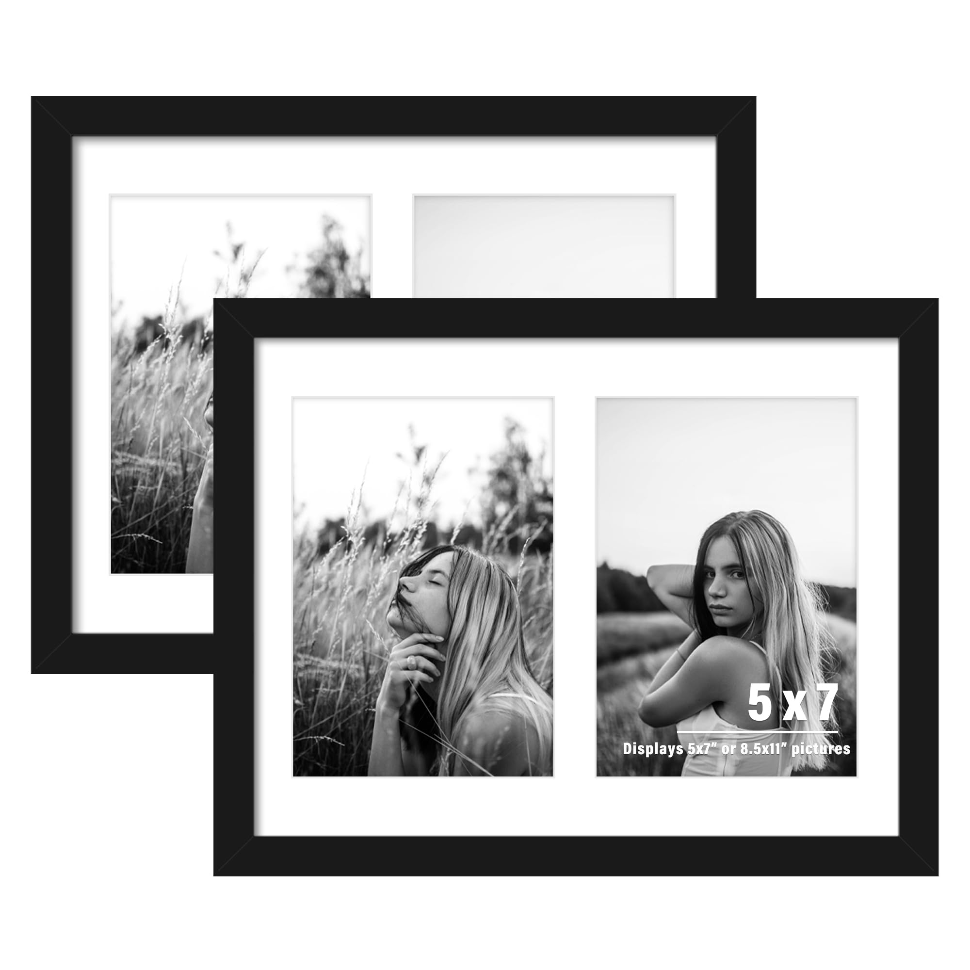 DUENPY 2-Pack 8.5x11 Collage Picture Frames, 5x7 Collage Picture Frame, Displays Two 5x7 inch Photos, or 8.5x11 (Without Mat) Wall Decor Wall Hanging or Tabletop, Black