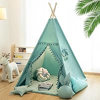 RONGFA Kids Teepee Tent with Mat, Star Lights & Carry Case - Thick Cotton Canvas Playhouse, Foldable Indoor Outdoor (Jewelry Blue)
