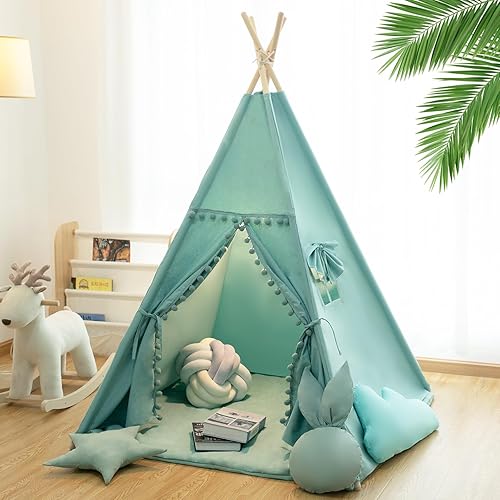 Tienda de campaña tipi para niños con alfombra, luces de estrella, funda de transporte, casa de juegos de lona de algodón, tiendas de campaña