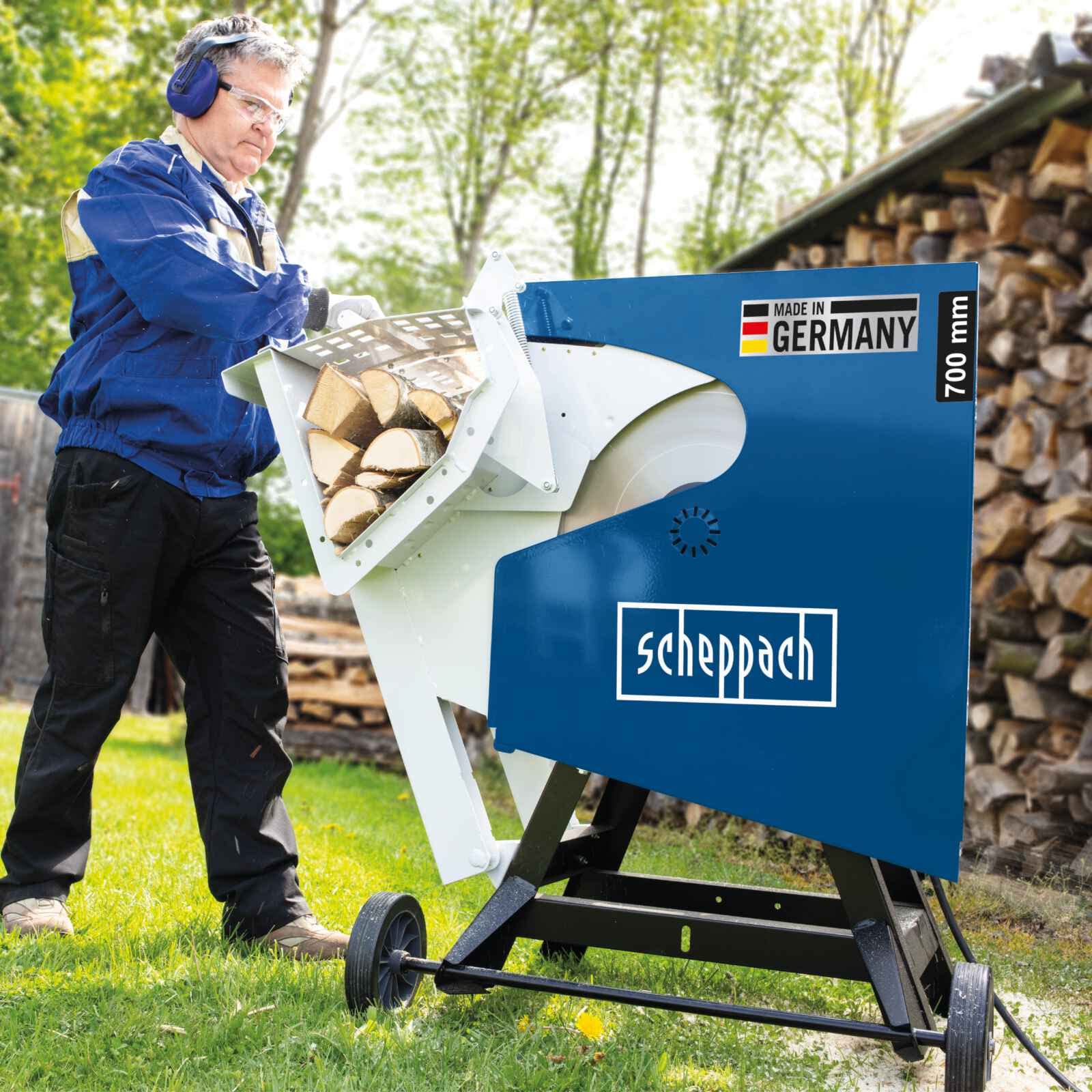 Scheppach HS720 | Sega a dondolo per legna da ardere | Lama di Ø700 mm | Potenza di 3000 W | Collegamento 230 V | Made in Germany | Taglio reversibile 250 mm | Per tronchi 370 x 240 mm