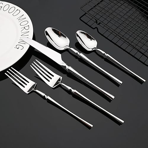 Miniatura 2 de JASHII Juego de vajilla de lujo de 20 piezas de plata para 4 cubiertos con cuchara tenedor de ensalada, juego de utensilios de cubertería, pulido