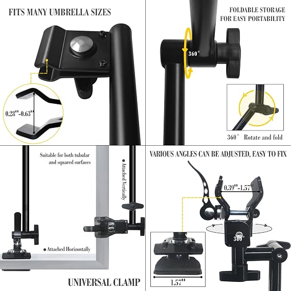 Upf 50+ Chair Umbrella With Clamp/Sun Shade - Portable Umbrella For Sports & Outdoors - Secure Clamp, 360-Degree Swivel Adjustable Position For Maximum Sun Protection