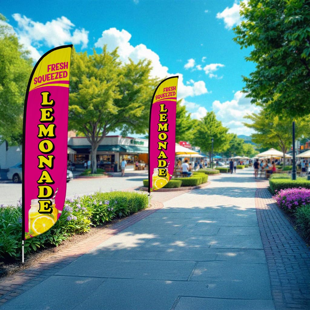 LookOurWay Federflaggenmast-Set – 3,6 m hohes Werbeflaggenbanner mit Fiberglas-Stangen-Set und drehbarem Erdspieß für Geschäftsförderung – Saftflagge – frische gepresste Limonade