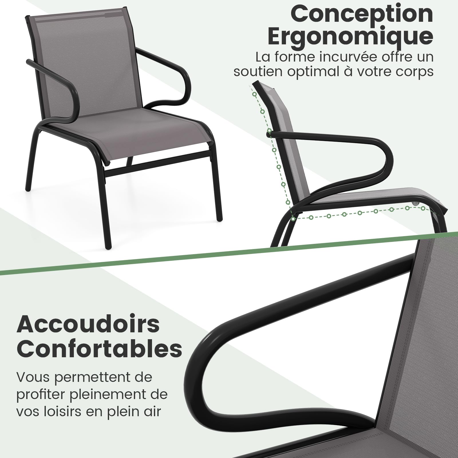 GOPLUS Lot de 2 Chaises Jardin Exterieur, Chaise Balcon Empilables avec Dossier Haut et Accoudoirs, Tissu Respirant et Structure Métallique, pour Jardin, Terrasse, Charge 100KG