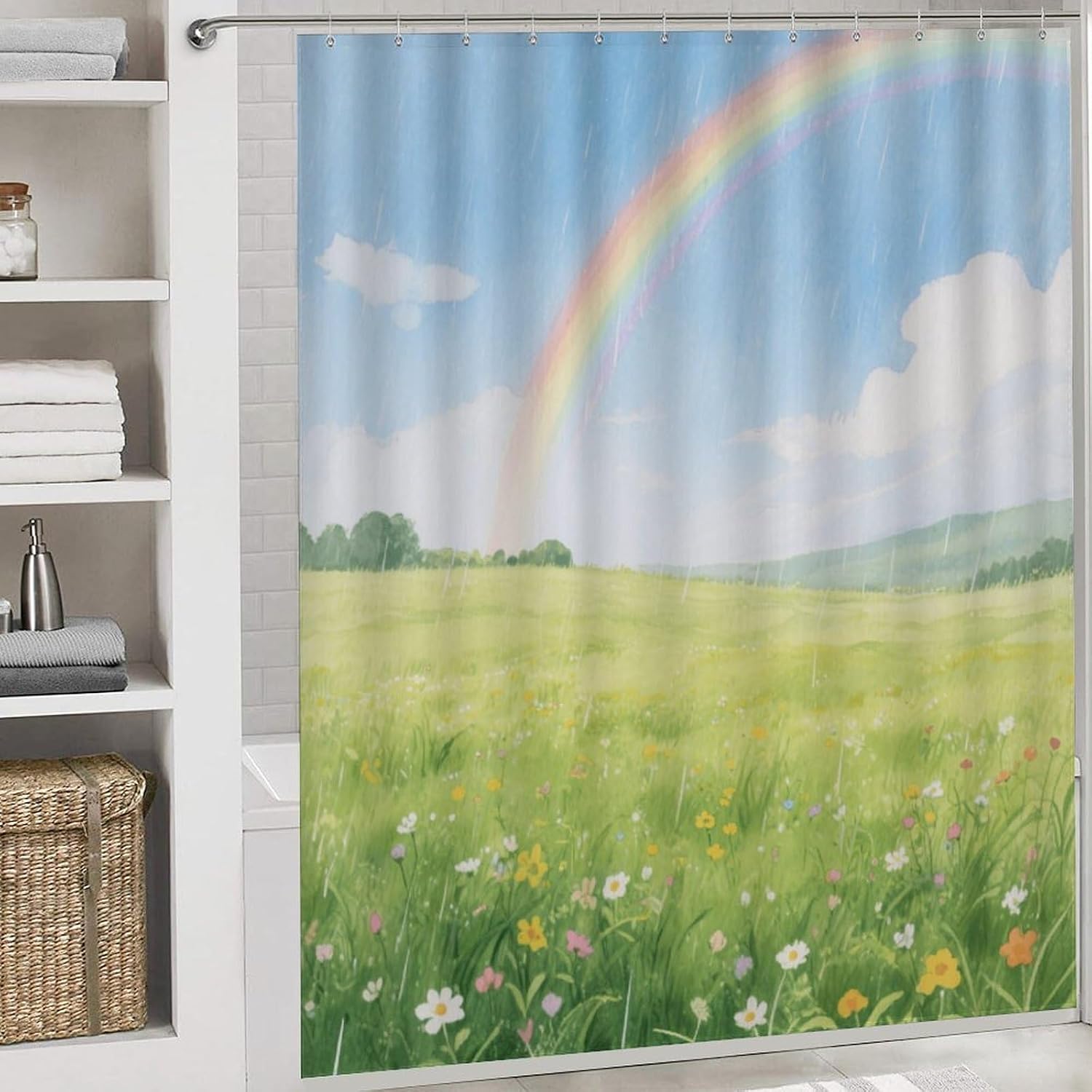 Field Under The Rainbow After The Rain Bath Rug Set 4 Piece,Bathroom Accessories Set-Toilet Rugs U Shaped,Toilet Lid Cover,Shower Curtain and Rugs,Ultra Soft, Absorbent,Home Decor