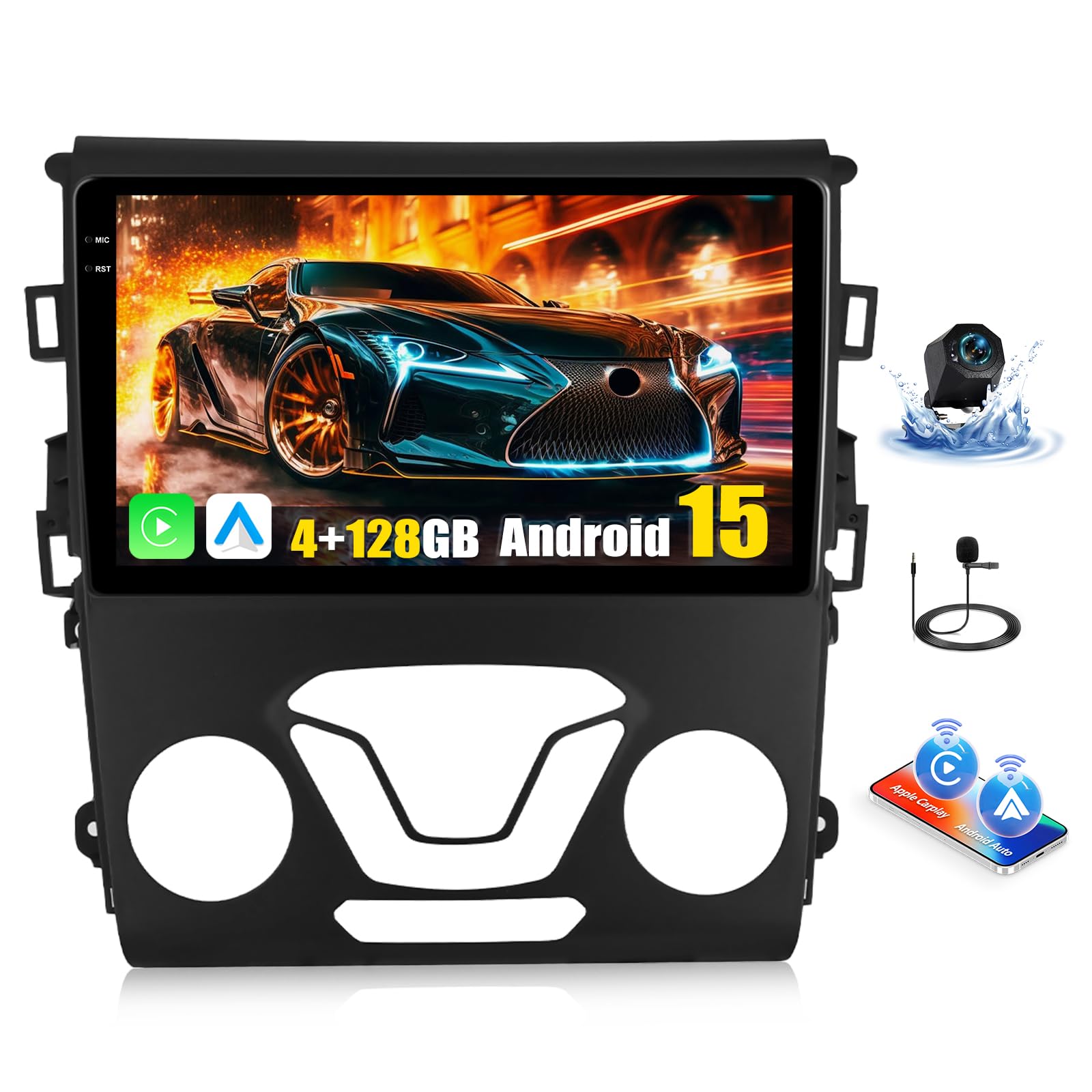 [4+128GB]Android 15 Car Stereo for Ford Fusion Mondeo 2013 2014 2015 2016 2017 2018 2019 with Wireless CarPlay Android Auto,9