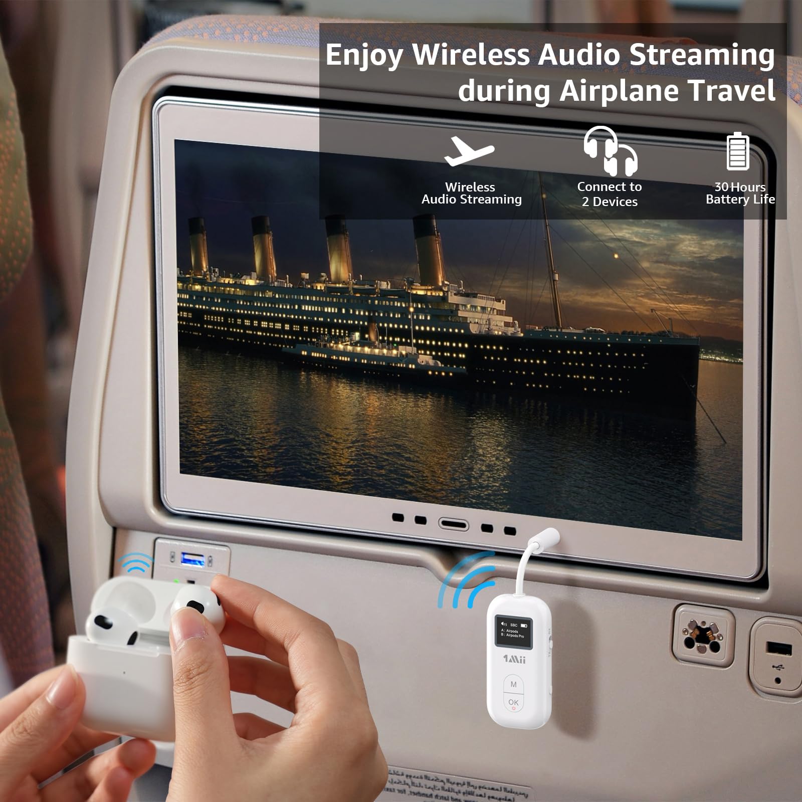 1Mii SafeFly Pro Bluetooth 5.3 Transmitter Receiver, Wireless Audio Adapter w/Screen for 2 Bluetooth Headphones, AptX LL/HD/AD, Use with Any 3.5mm Jack on Airplane, TV, iPad/Tablet, Speaker and Auto