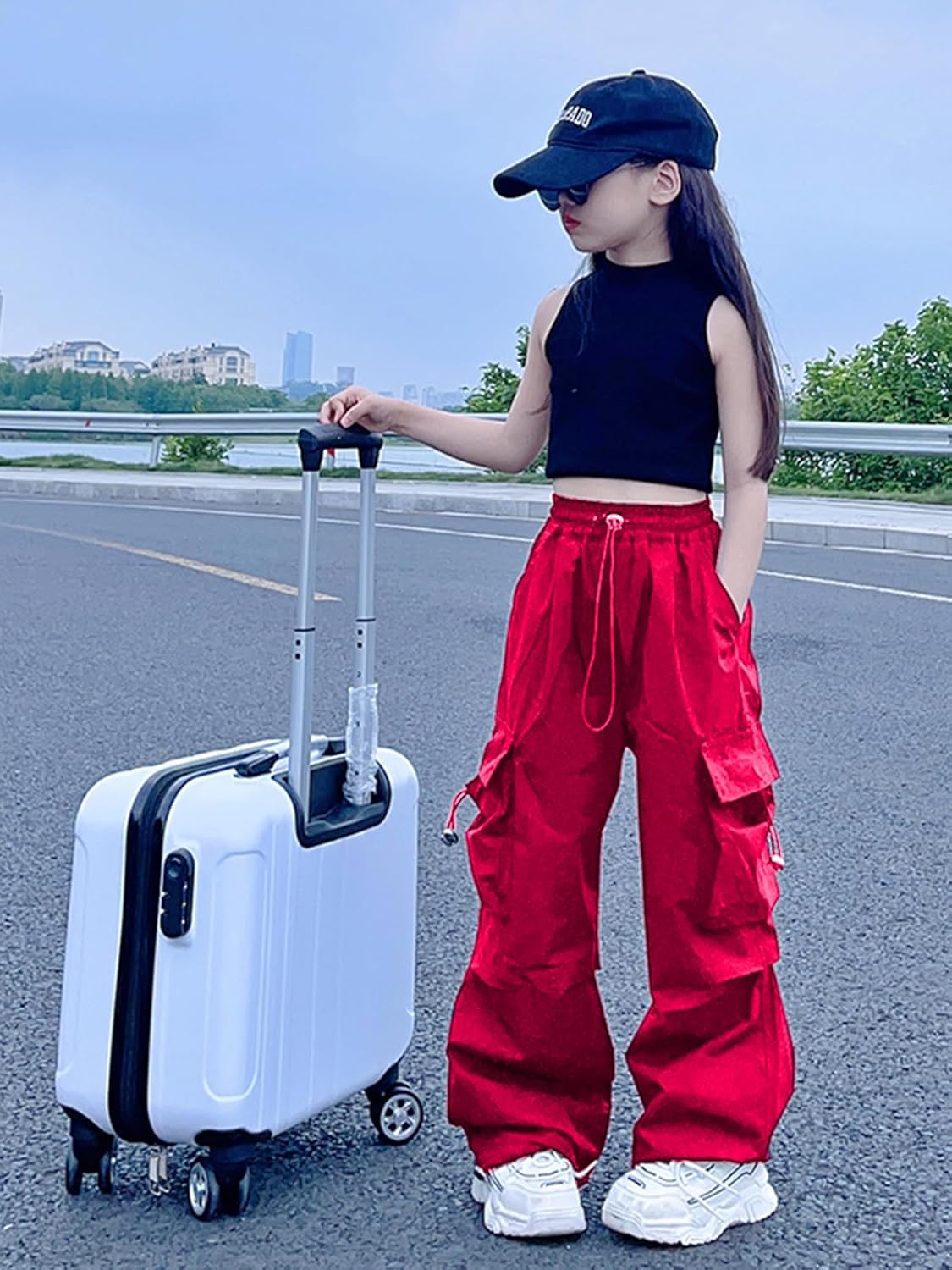 AOWKULAE Girls Cargo Pants Elastic Waist Drawstring Parachute Pants with Pockets, 5-14 Years - Image 4