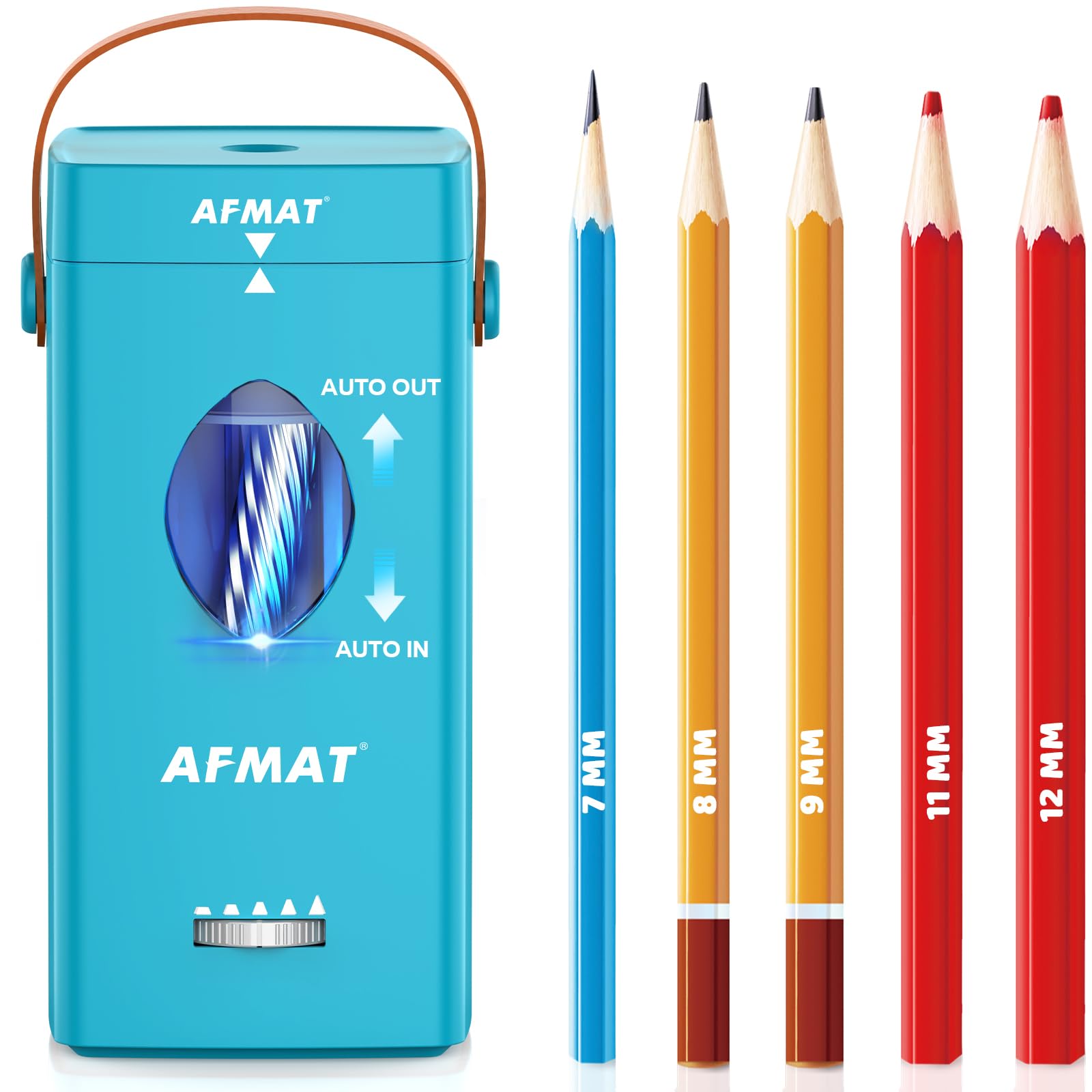 AFMAT Elektrischer Bleistiftspitzer, vollautomatischer elektrischer Spitzer mit Tragegriff für Bleistifte 6,5–12 mm, Auto-Stop, wiederaufladbar, tragbar, für Schule, Zuhause, Büro, Cyan, PSC7