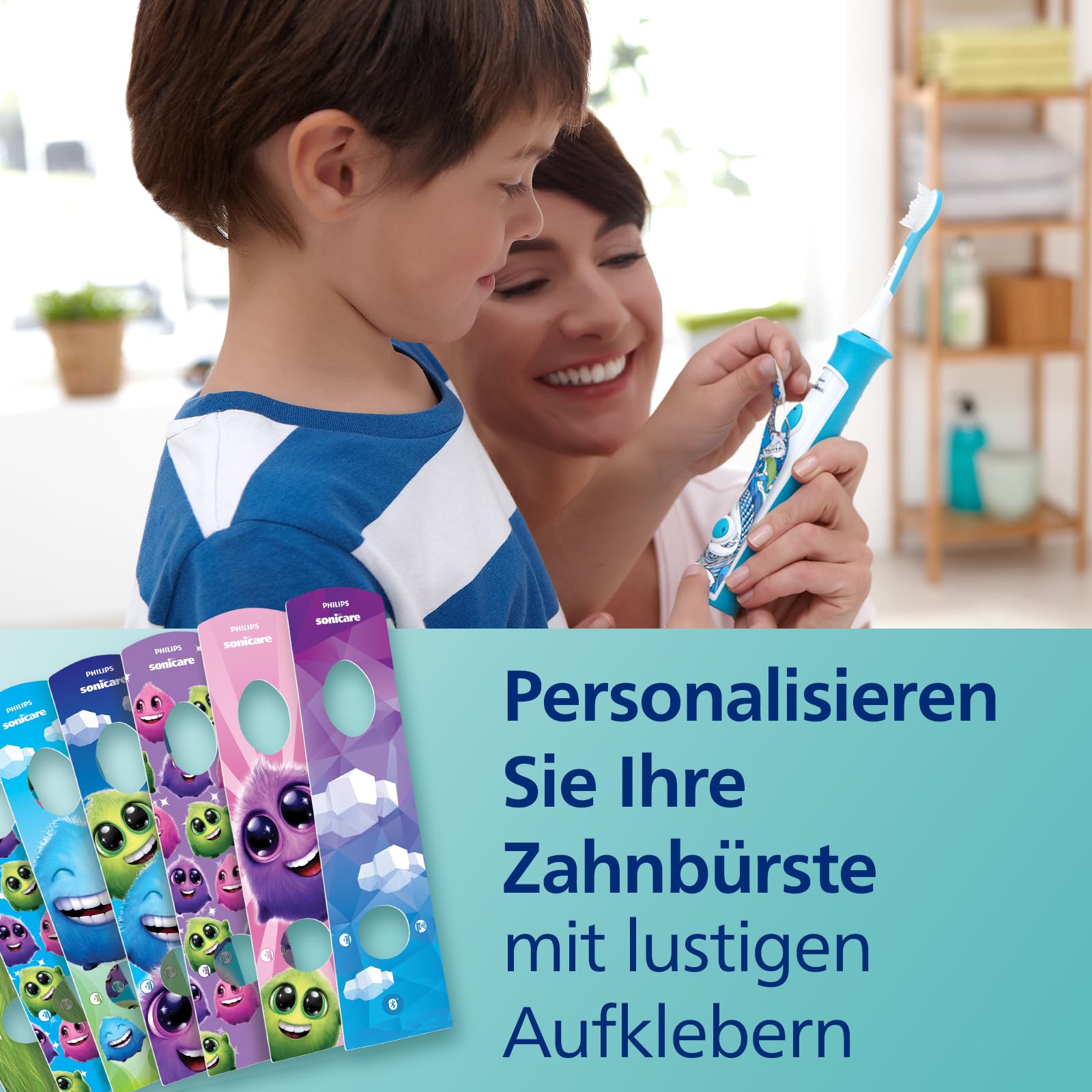 Philips Sonicare For Kids, elektrische Schallzahnbürste mit App, für Kinder ab 3 Jahren, mit SmarTimer und QuadPacer für eine gründliche Reinigung, Türkis, Modell HX6322/04