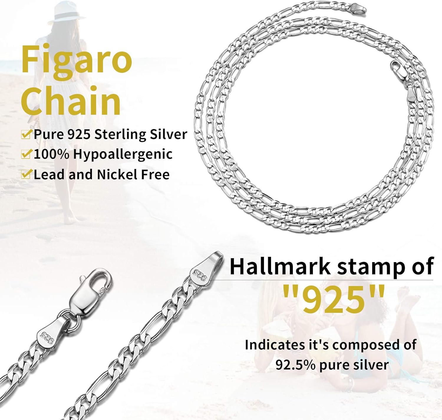 925 Sterling Silver Tiny 2.9mm Italian Style Figaro Chain Necklace for Women, 20 inch