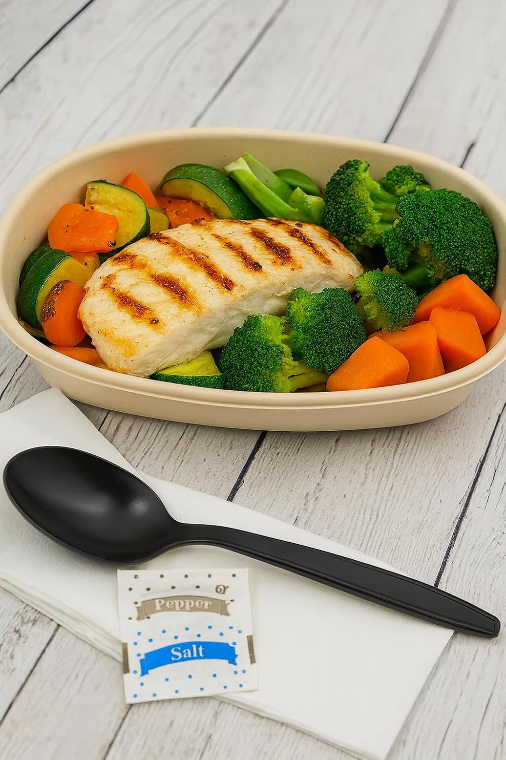 500 Kits Disposable Plastic Soup Spoon with Napkin and Salt/pepper packet, individually Wrapped, To-go (Soup Spoon)