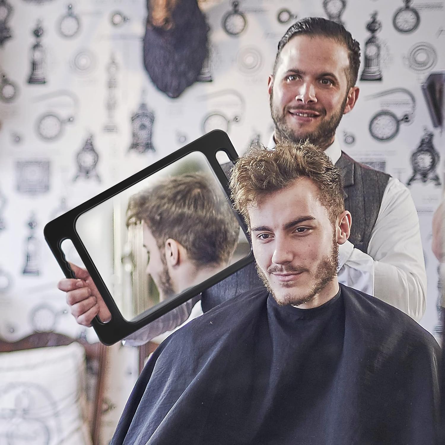 Drop-Proof Hand Mirror with Double Handle, Large Rectangular Hand held Mirror -(16"x10") Largehand Mirrors with Handle for Salons and Beauty Salons, Light Hair(Black)