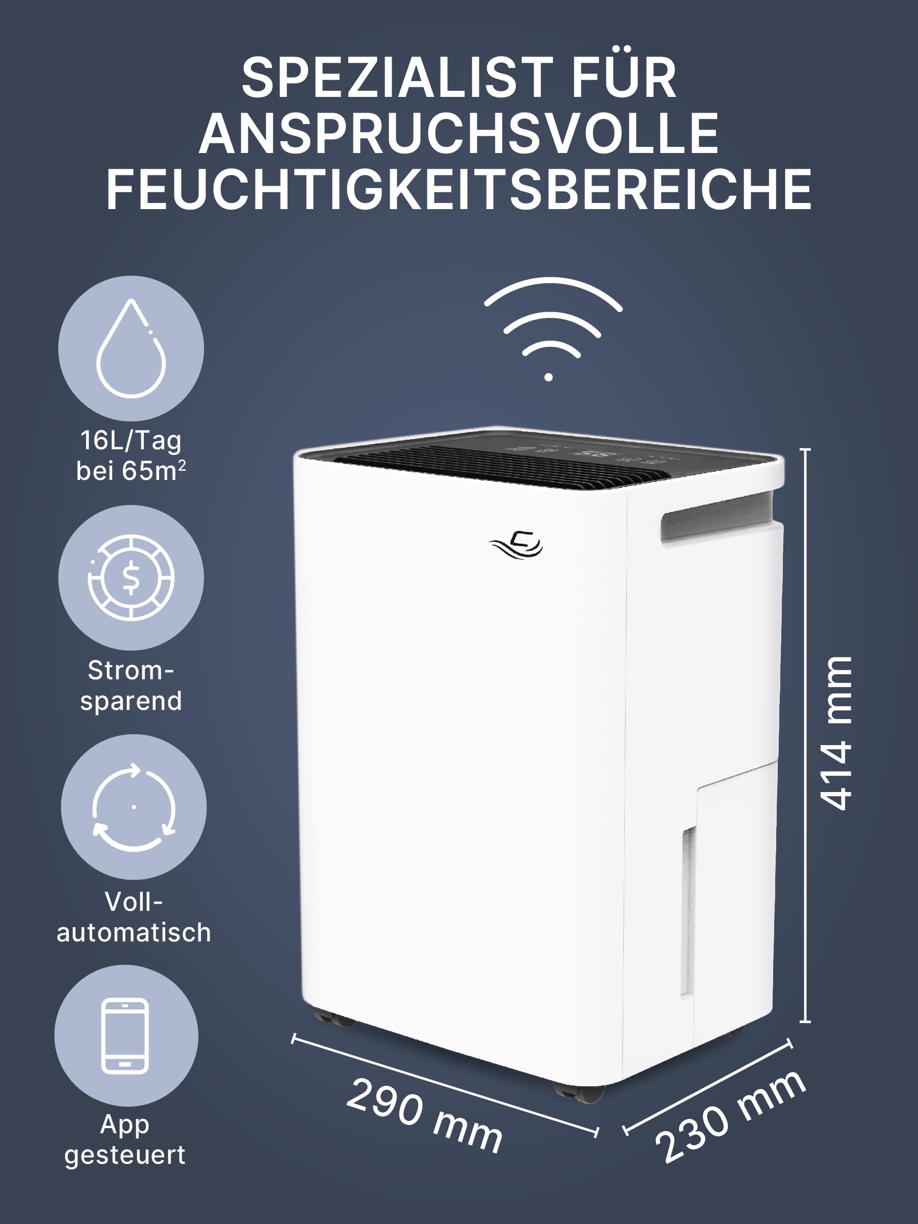 Comedes Demecto 16 eco WiFi osuszacz PowerDrain pompa kondensatu - nadaje się do salonów i piwnic o powierzchni do 65 m², sterowanie aplikacją, ciche, przyłącze węża, w zestawie wąż 3 m