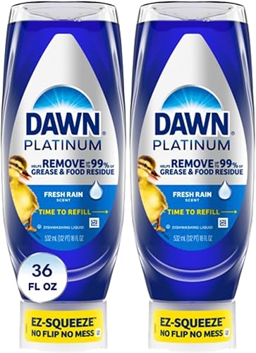 Dawn Platinum EZ-Squeeze - Jabón para platos, líquido para lavavajillas, lluvia fresca, paquete de 2 x 18 onzas