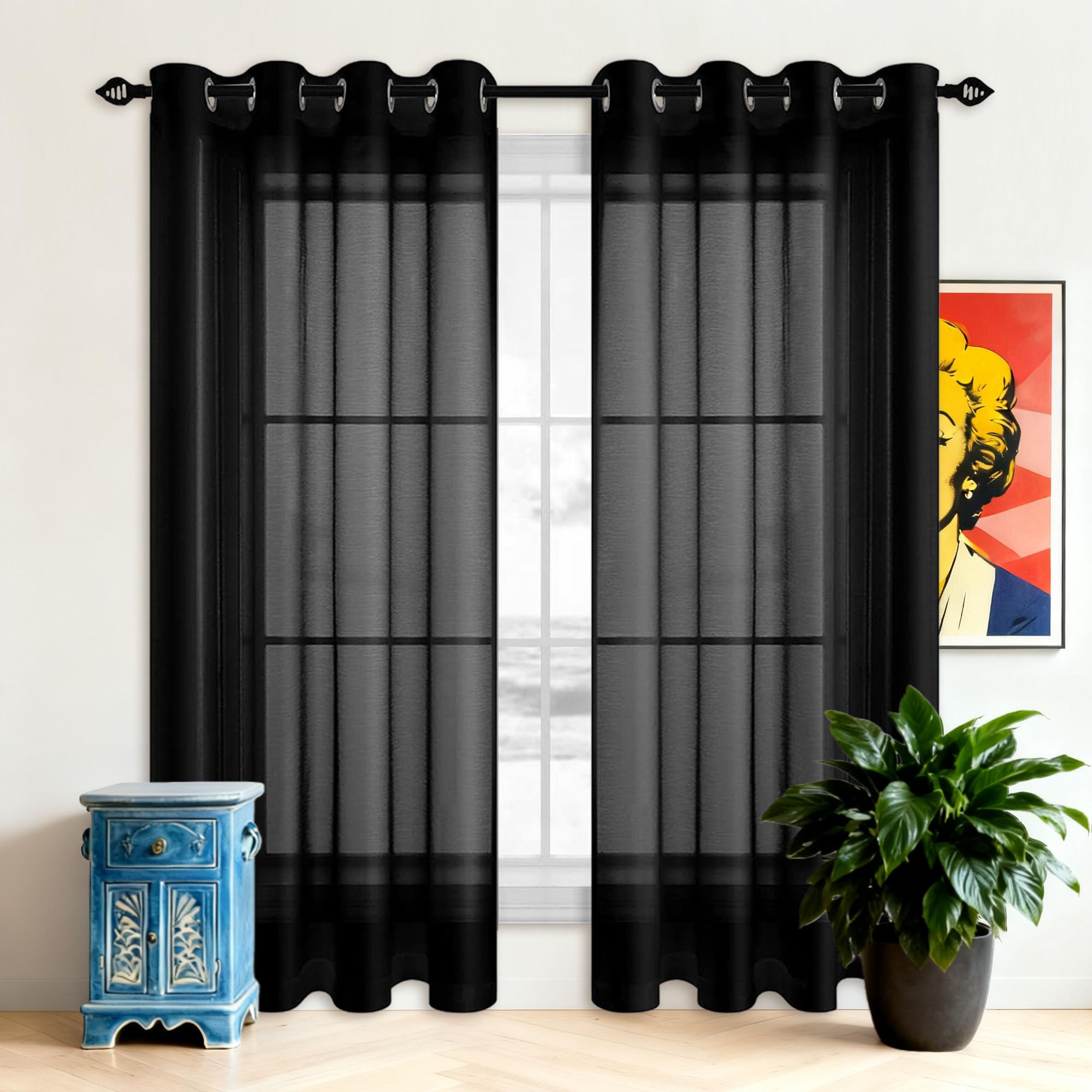 Rideau voilage fenetre 430 x 245 cm avec oeillets transparent noir salon
