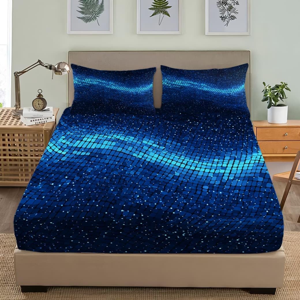 Lot de 3 Draps Housses 200x200x30 cm 2 Personnes Lit GéOméTrie du Ciel éToilé De Science-Fiction avec 2 Taies d'oreillers, Doux et Respirant Linge de Lit Draps Housses Bleu Foncé pour Enfant Adulte