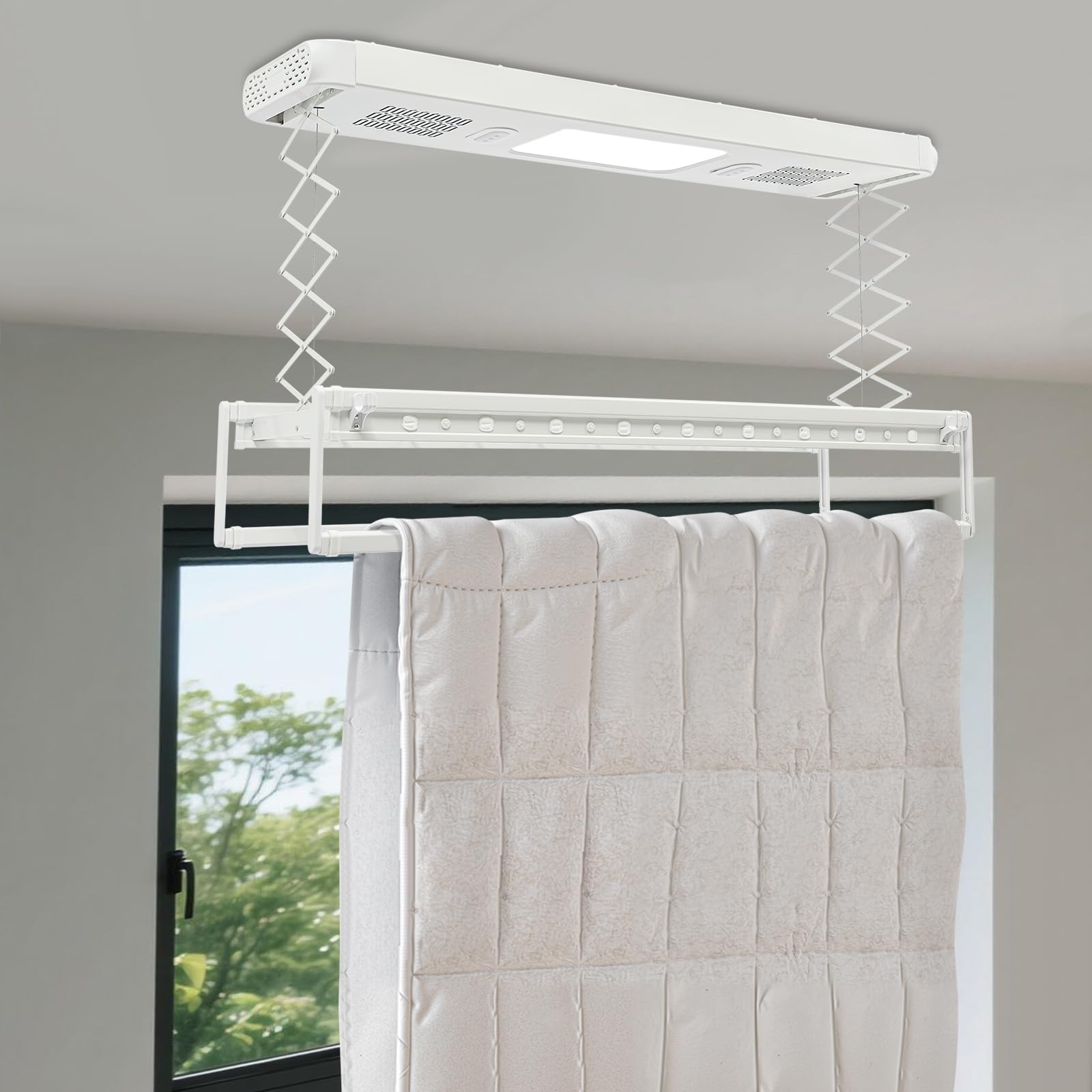 Elektrischer Wäscheständer Deckenmontage, Fernbedienung Teleskop, Weiß | Elektrischer deckenwäscheständer, teleskopierbar 130-215cm, led licht mit lüfter, 35kg tragkraft für balkon, Aluminium, Weiß