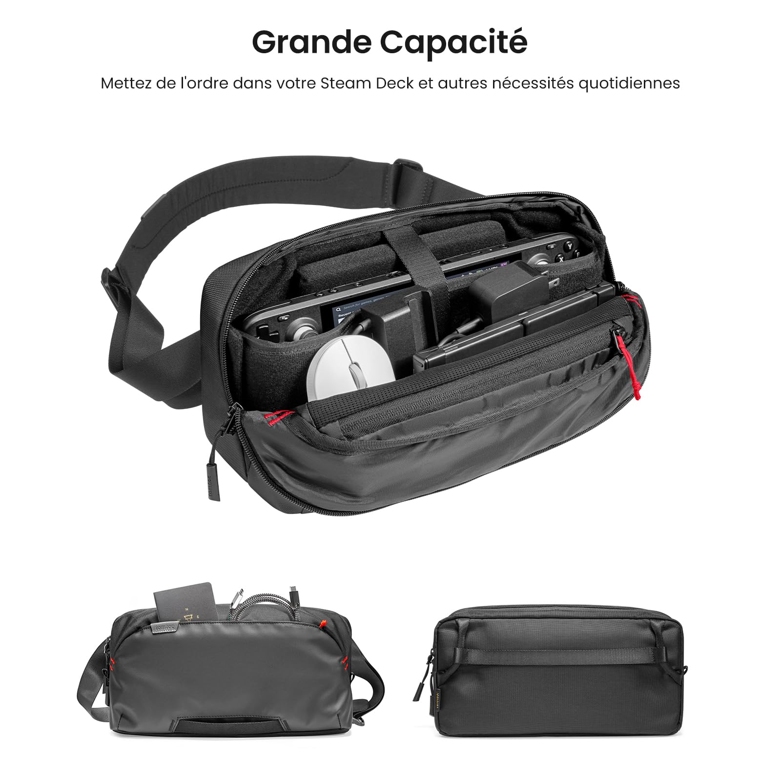 tomtoc Sac à Bandoulière pour Steam Deck (OLED)/Nintendo Switch 2/ROG Xbox Ally (X)/MSI Claw 8/7 AI+ et Accessoires, Étui de Transport Protection avec Poches pour Console pour Voyage Rangement