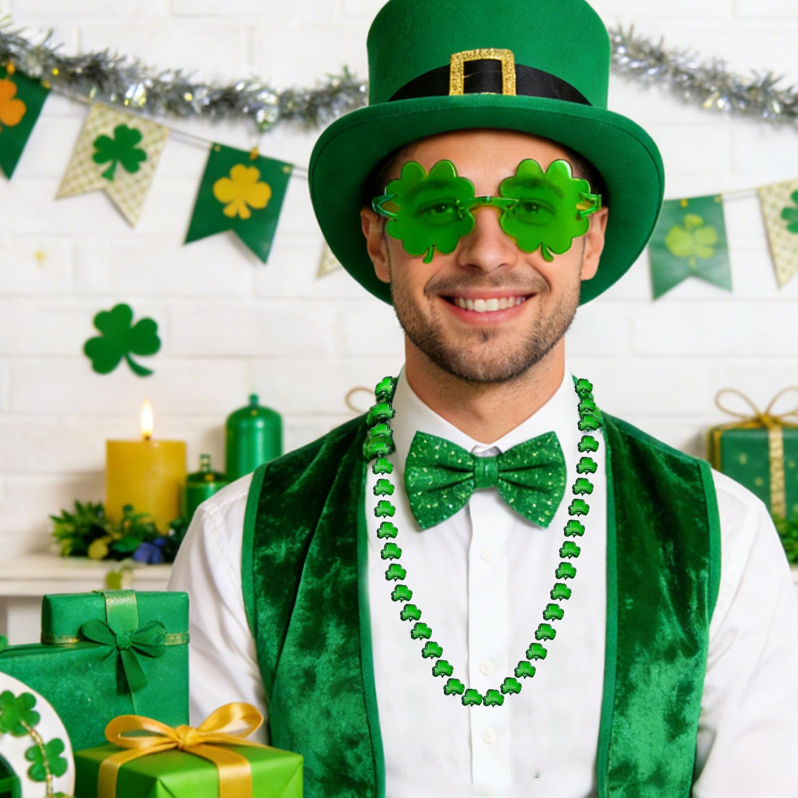 48 Pcs St Patricks Day Accessories, Irish Fancy Dress Shamrock Glasses Bracelets Green Necklace Tattoo Stickers - Image 3