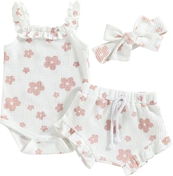 Infant Baby Newborn Girl Summer Outfit Sleeveless Ruffle Flower/bow/Butterfly Print Top Hairband 3Pcs Shorts Set