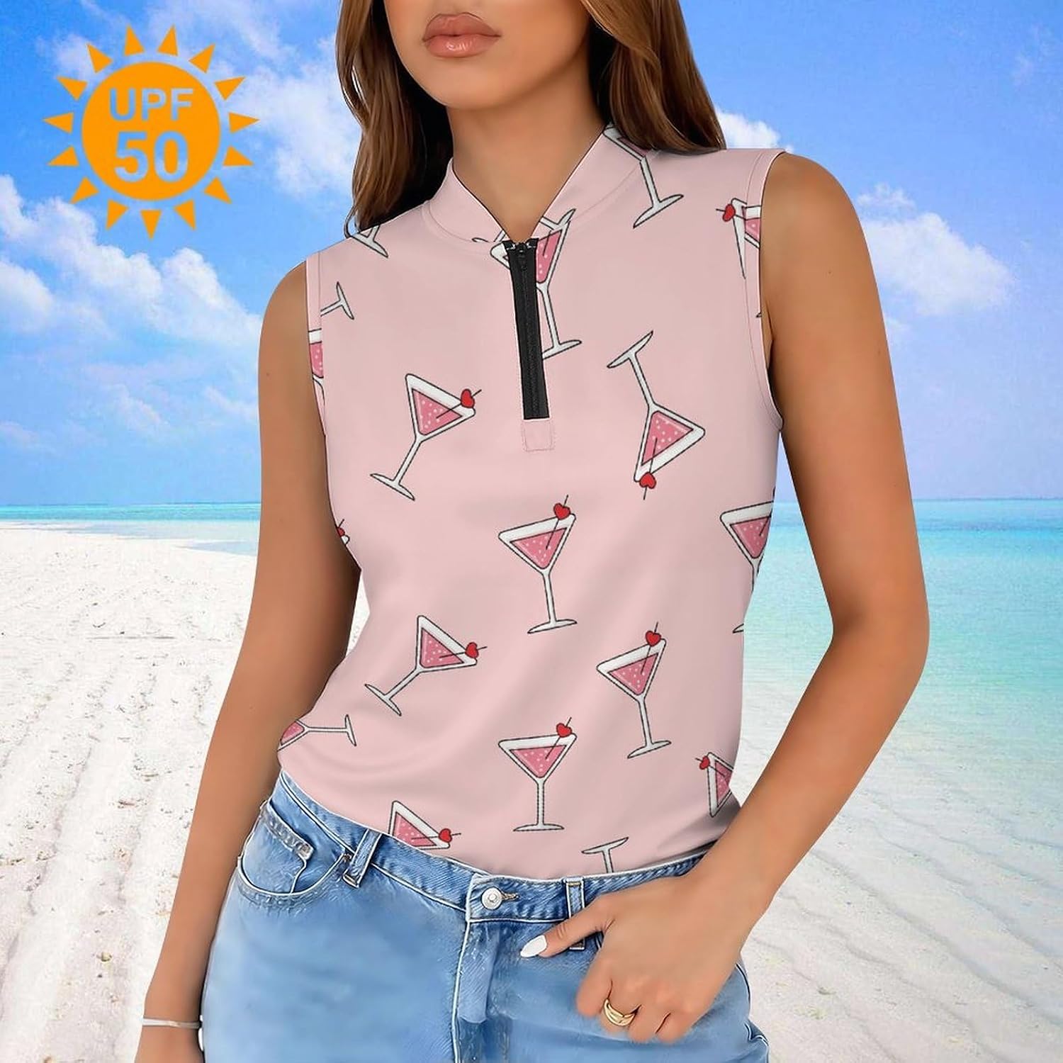 Women's Sleeveless Golf Shirt UPF 50+ Zip Up Dry Fit Athletic Tank Top,Pickleball Tennis Running Sports Shirts