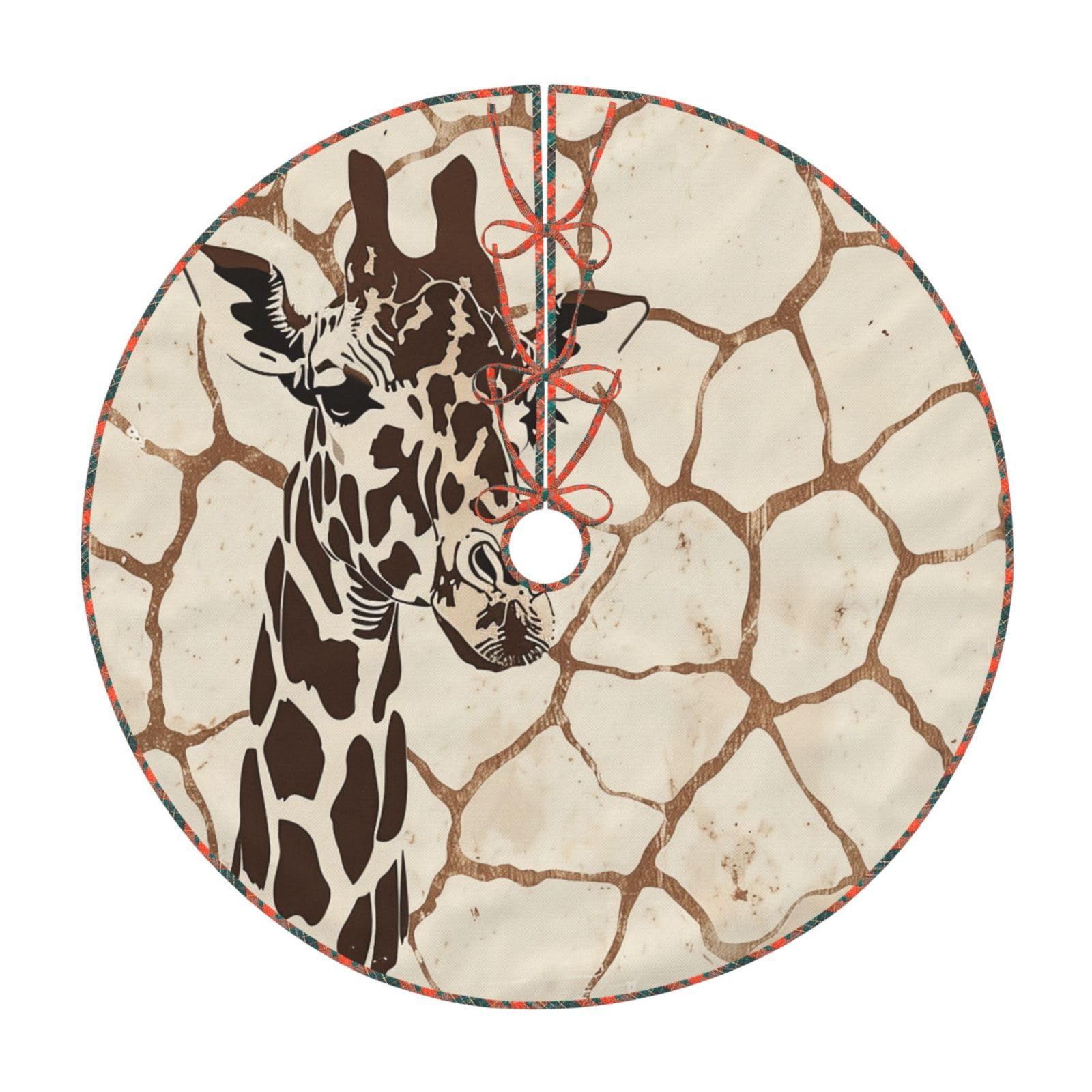 Giraffe Print Printed Imitation Linen Christmas Tree Skirt with Lattice Bandage, Xmas Tree Cover Mat for Christmas New Year Party Home Decor, 36 inch