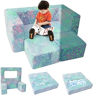 MeMoreCool Kids Sofa Bed Toddler Couch, Glow in The Dark Stars Kids Couch Lounger Fold Out, Baby Couch Kids Bedroom Furniture, Modular Mini Couch for Playroom, Colourful Star