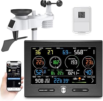 WiFi Weather Station with Outdoor Sensor, Wind Speed & Direction, Rainfall Data, Temperature, Humidity, Wind Chill and Dew Point, Moon Phase, Weather Forecast
