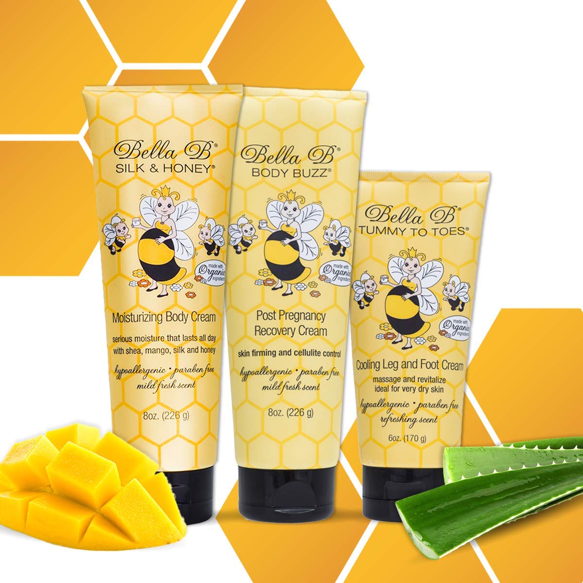 Bella B Bundle: Silk & Honey Body Cream 8oz and Body Buzz Post Pregnancy Recovery Cream 8oz and Tummy to Toes Leg & Foot Cream 6oz